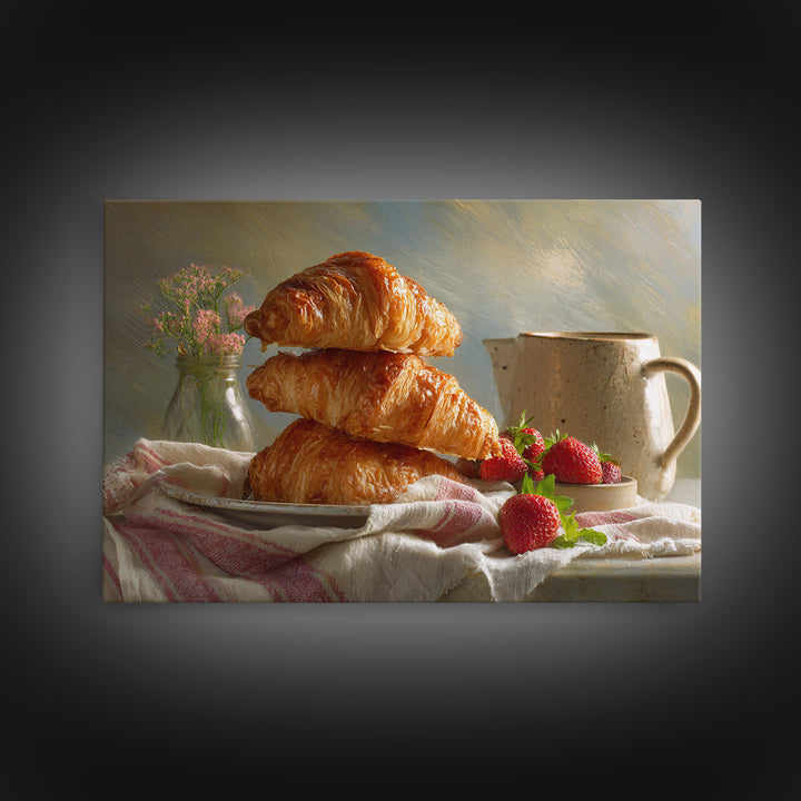 Buttery Croissants Stacked on Striped Linen Framed Canvas Print, Bakery Art, Room Decor, Bakery Decor, Abstract Art, Patisserie, BAK-3x2-77