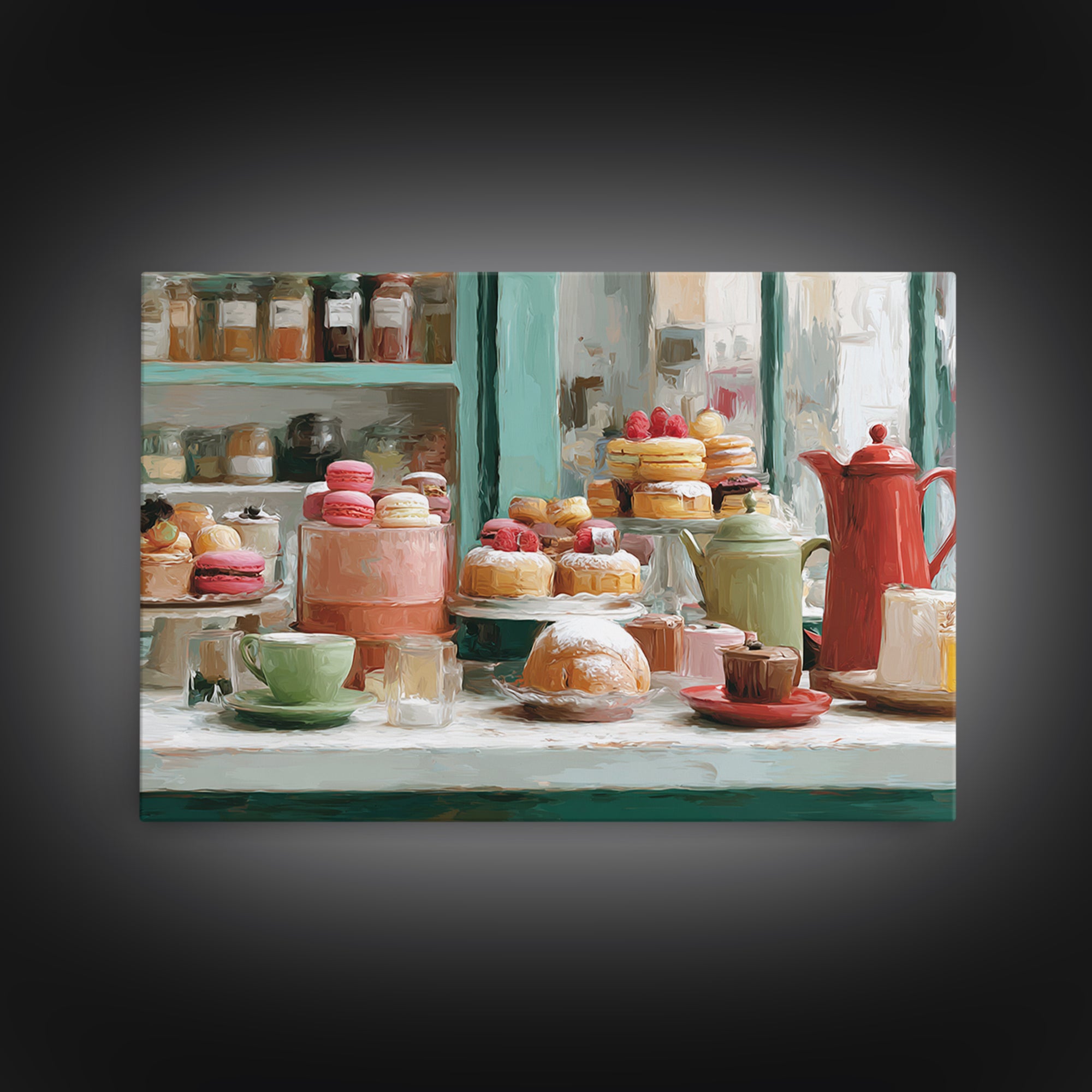 French Patisserie Window Display of Pastel Pastries Framed Canvas Print, Bakery Art, Kids Art, Bakery Decor, Patisserie, BAK-3x2-78