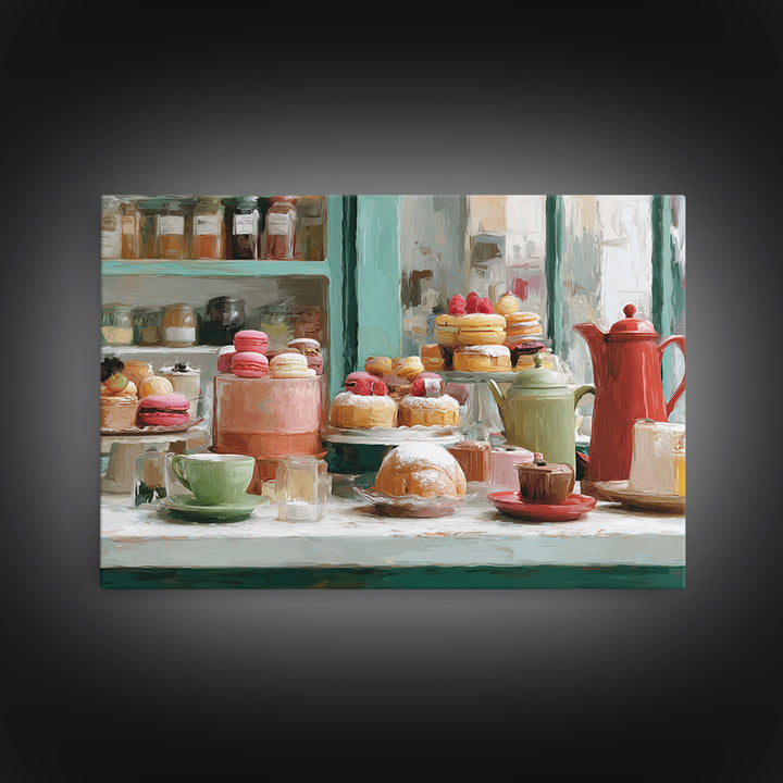 French Patisserie Window Display of Pastel Pastries Framed Canvas Print, Bakery Art, Kids Art, Bakery Decor, Patisserie, BAK-3x2-78