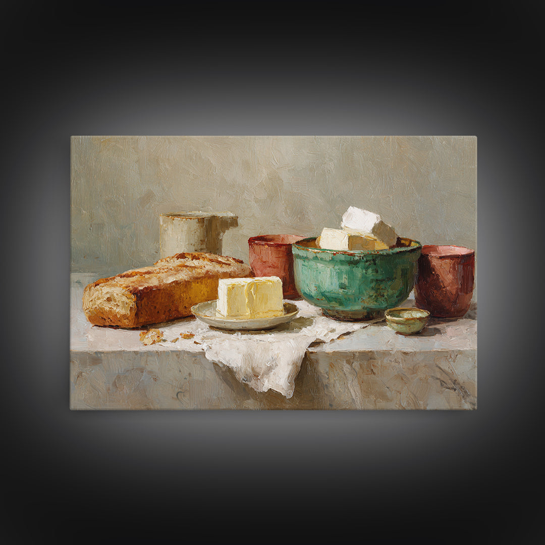 Baguette and Butter Still Life on Marble Canvas Print, Bakery Art, Wall Decor, Bakery Decor, Patisserie, Kitchen Prints, BAK-3x2-84