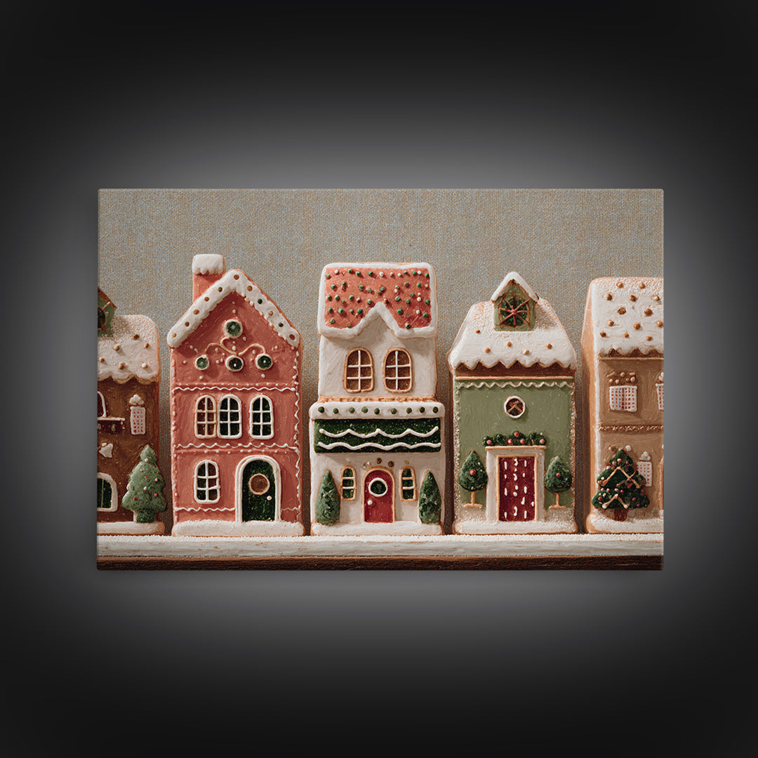 Gingerbread Houses in Charming Folk Art Style Framed Canvas Print, Bakery Art, Whimsical Wall Art, Bakery Decor, Patisserie, BAK-3x2-90