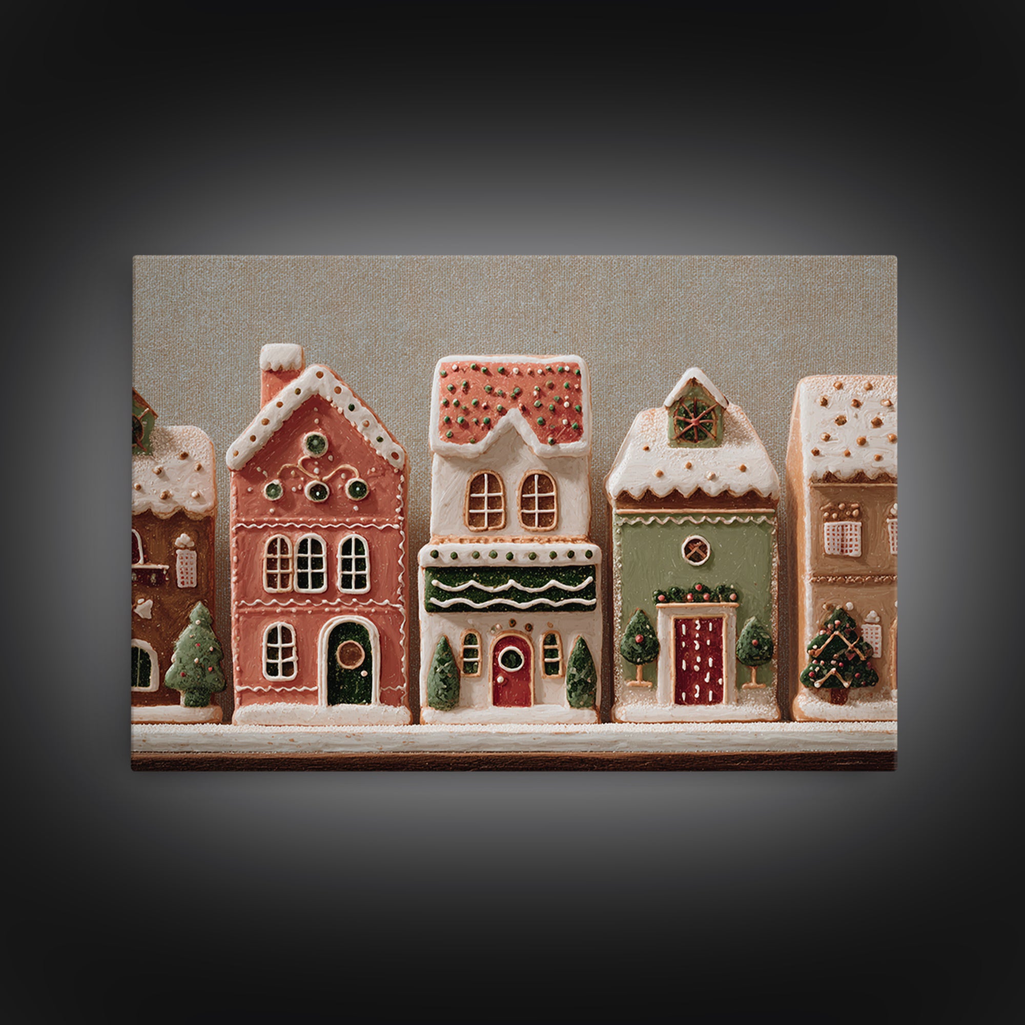 Gingerbread Houses in Charming Folk Art Style Framed Canvas Print, Bakery Art, Whimsical Wall Art, Bakery Decor, Patisserie, BAK-3x2-90