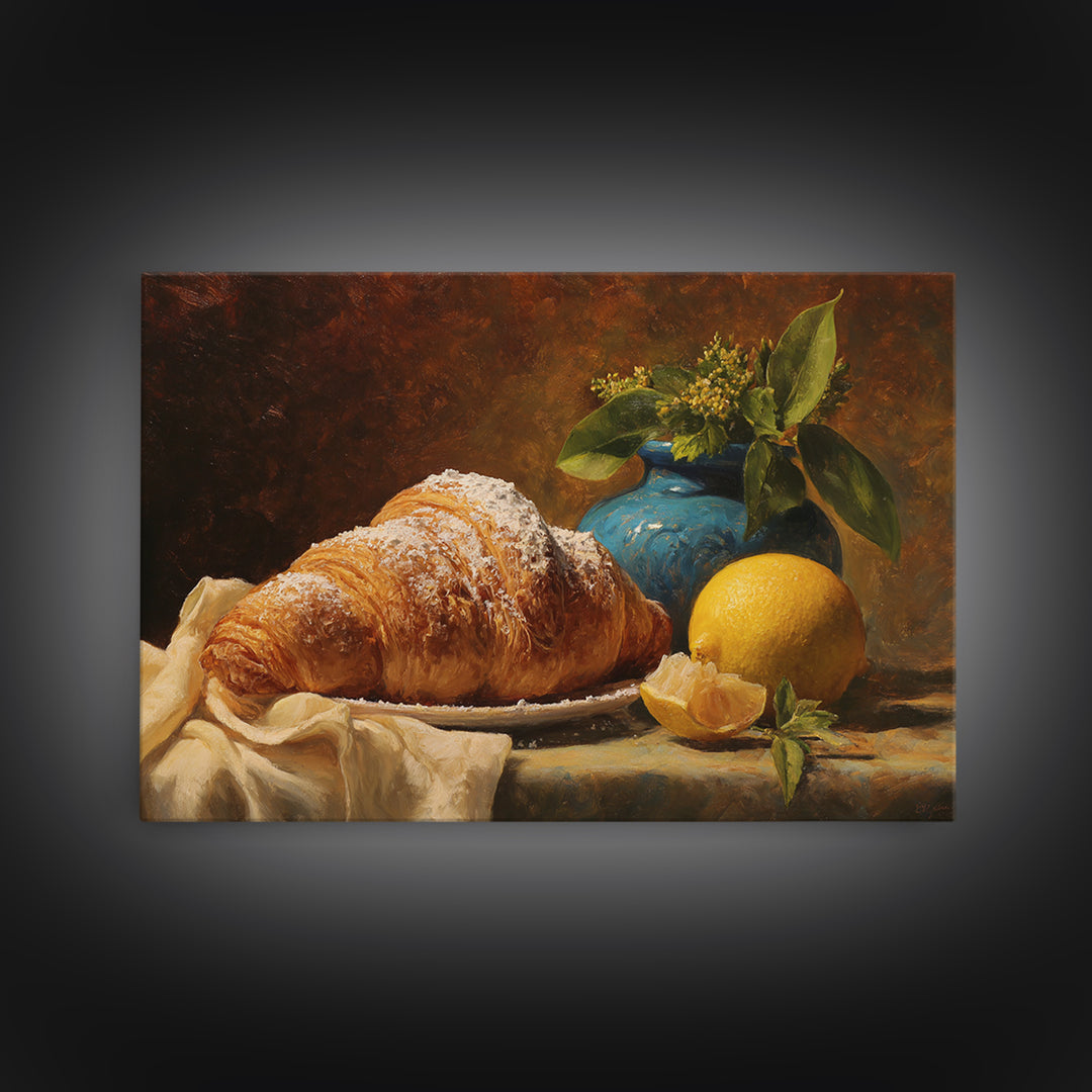 Almond Croissant Closeup Framed Canvas Print, Bakery Art, Kitchen Prints, Bakery Decor, Oil Painting, Patisserie, Fine Art, BAK-3x2-91