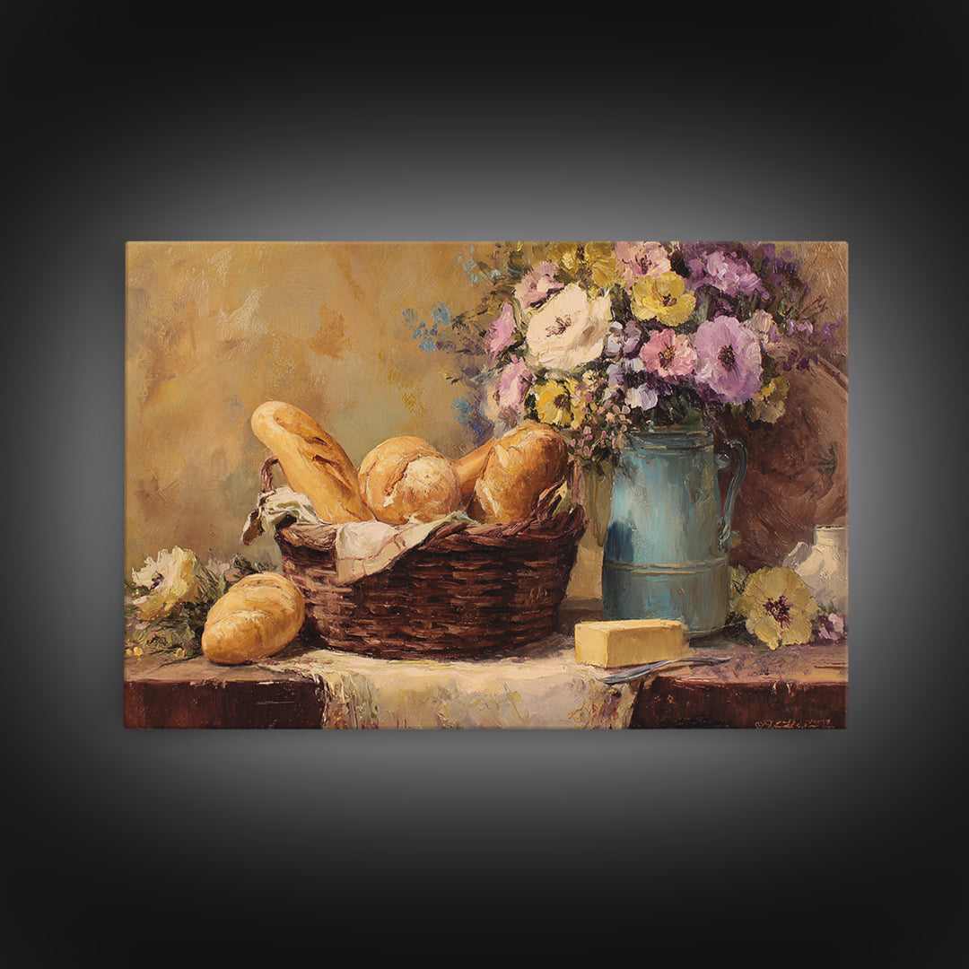 French Market Basket Filled Canvas Print, Bakery Art, French Wall Art, Bakery Decor, Fine Art, Patisserie, Room Decor, BAK-3x2-94