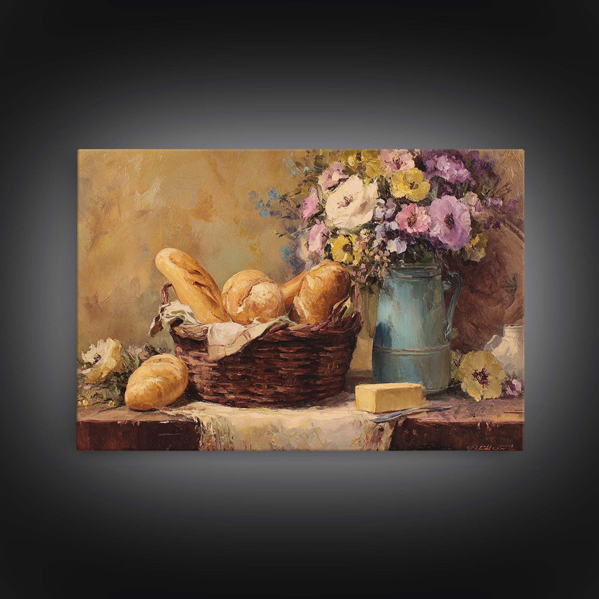 French Market Basket Filled Canvas Print, Bakery Art, French Wall Art, Bakery Decor, Fine Art, Patisserie, Room Decor, BAK-3x2-94