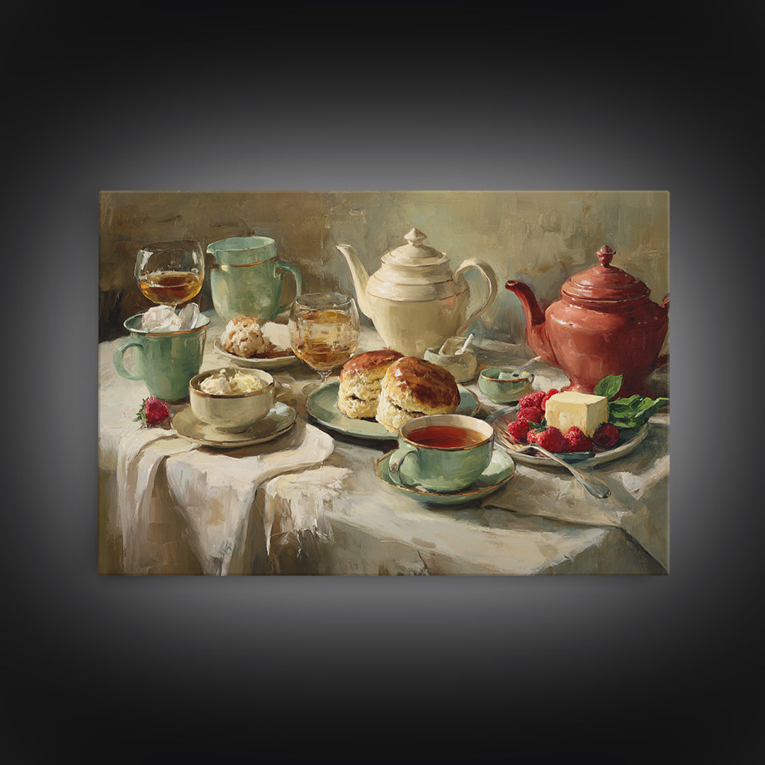 Tea and Scone Arrangement Framed Canvas Print, Bakery Art, Printable Wall Art, Bakery Decor, Patisserie, Coffee Wall Art, BAK-3x2-96