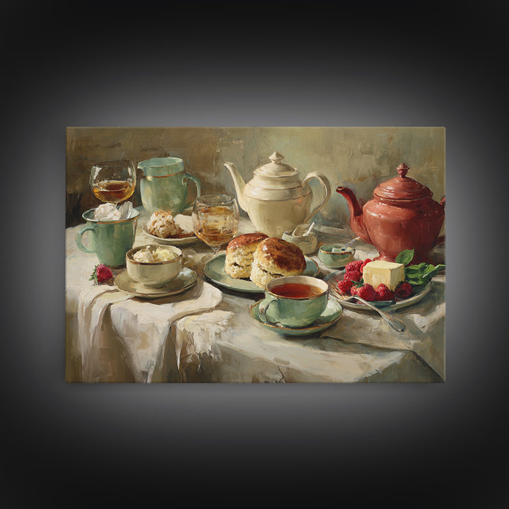Tea and Scone Arrangement Framed Canvas Print, Bakery Art, Printable Wall Art, Bakery Decor, Patisserie, Coffee Wall Art, BAK-3x2-96