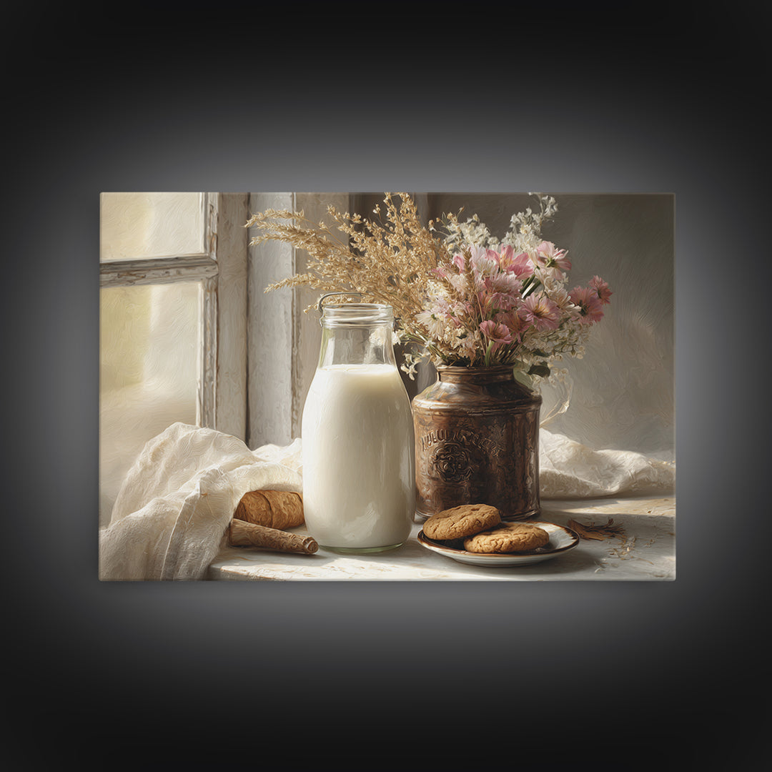 Milk Bottle and Cookies Nostalgic Still Life Canvas Print, Bakery Art, Fine Art, Bakery Decor, Patisserie, Textured Painting, BAK-3x2-98