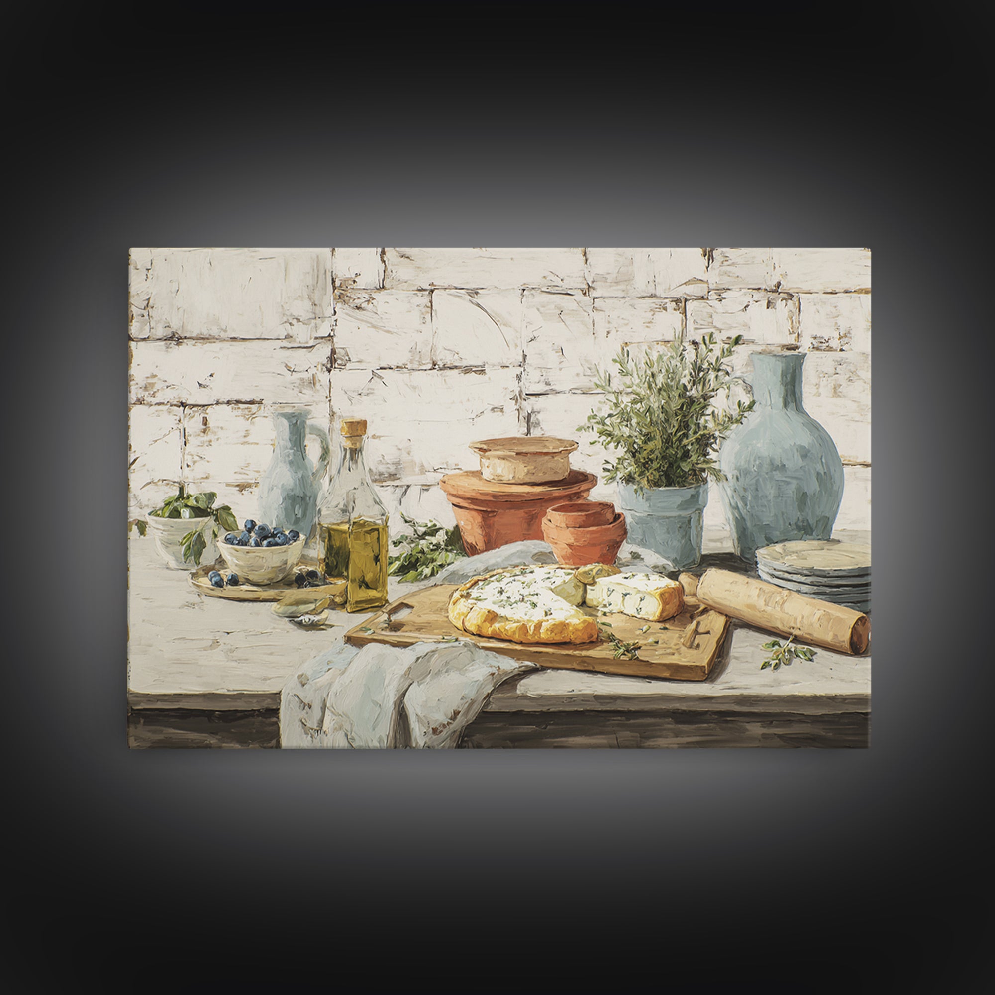 Blueberry Galette with Rustic Farmhouse Texture Framed Canvas Print, Bakery Art, Watercolor Painting, Bakery Decor, Patisserie, BAK-3x2-99