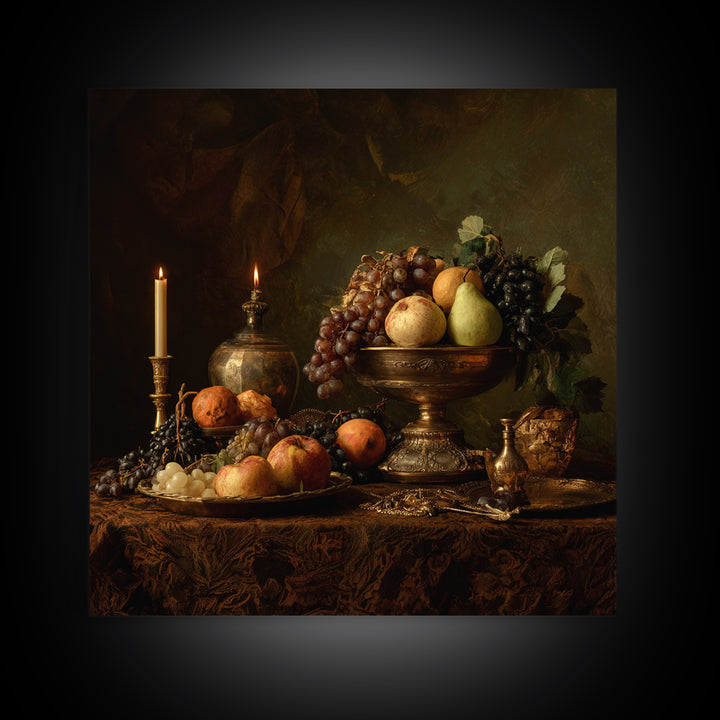 Dramatic Fruit Still Life Framed Canvas Print, Baroque Art, Living Room Wall Art, Living Room Decor, Fine Art, Ornate, BAO-1x1-1