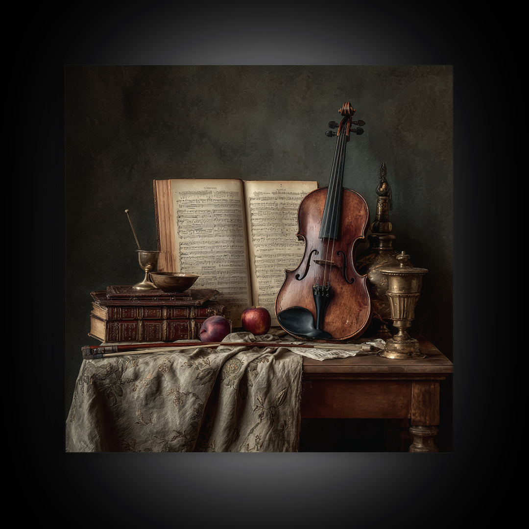 Baroque Violin and Sheet Music Still Life Framed Canvas Print, Baroque Art, Digital Wall Art, Living Room Decor, Ornate, BAO-1x1-11