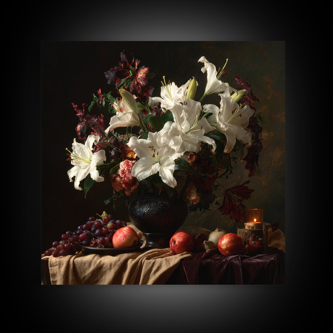 Dramatic White Lilies Framed Canvas Print, Baroque Art, Painting, Living Room Decor, Fine Art, Ornate, Living Room Wall Art, BAO-1x1-12