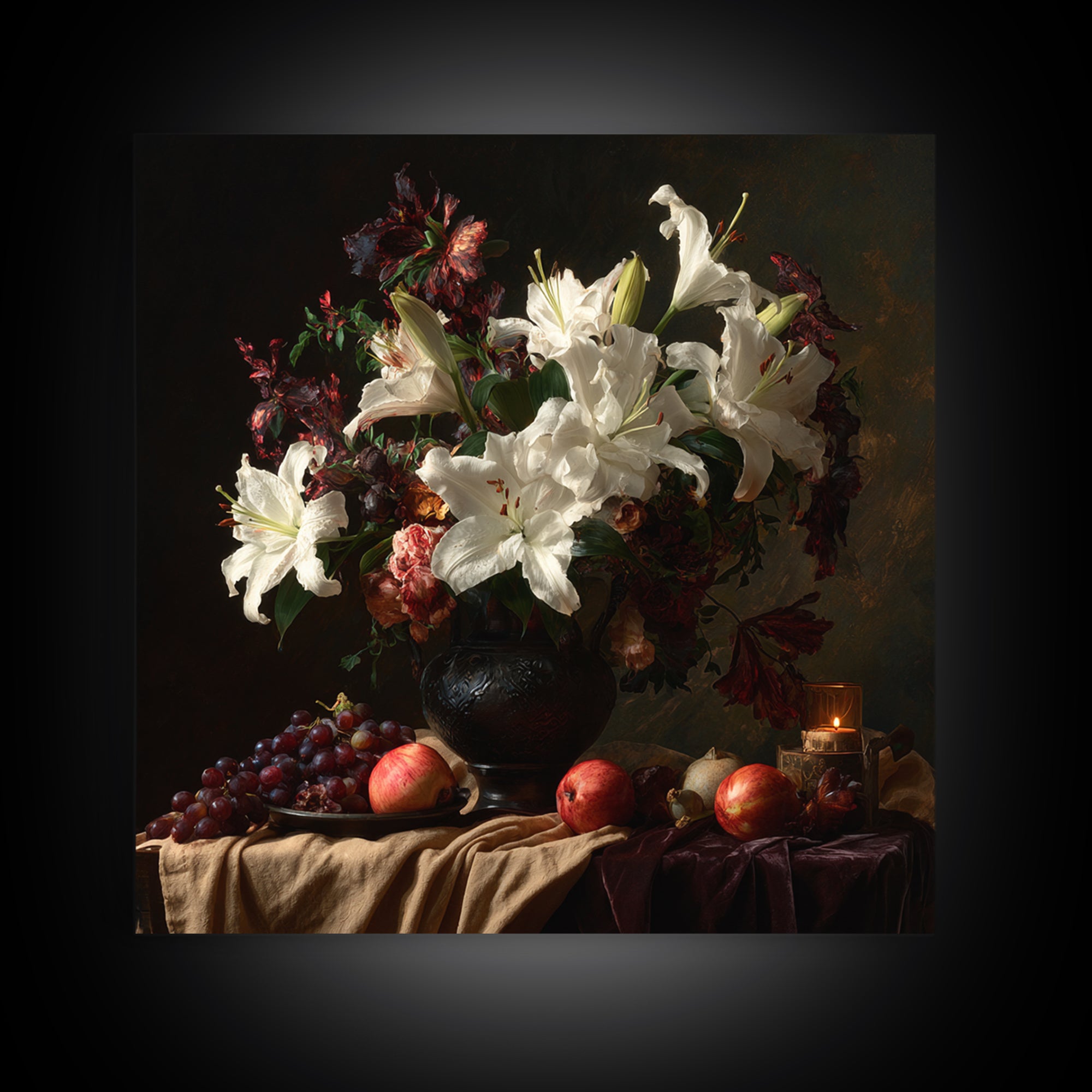 Dramatic White Lilies Framed Canvas Print, Baroque Art, Painting, Living Room Decor, Fine Art, Ornate, Living Room Wall Art, BAO-1x1-12