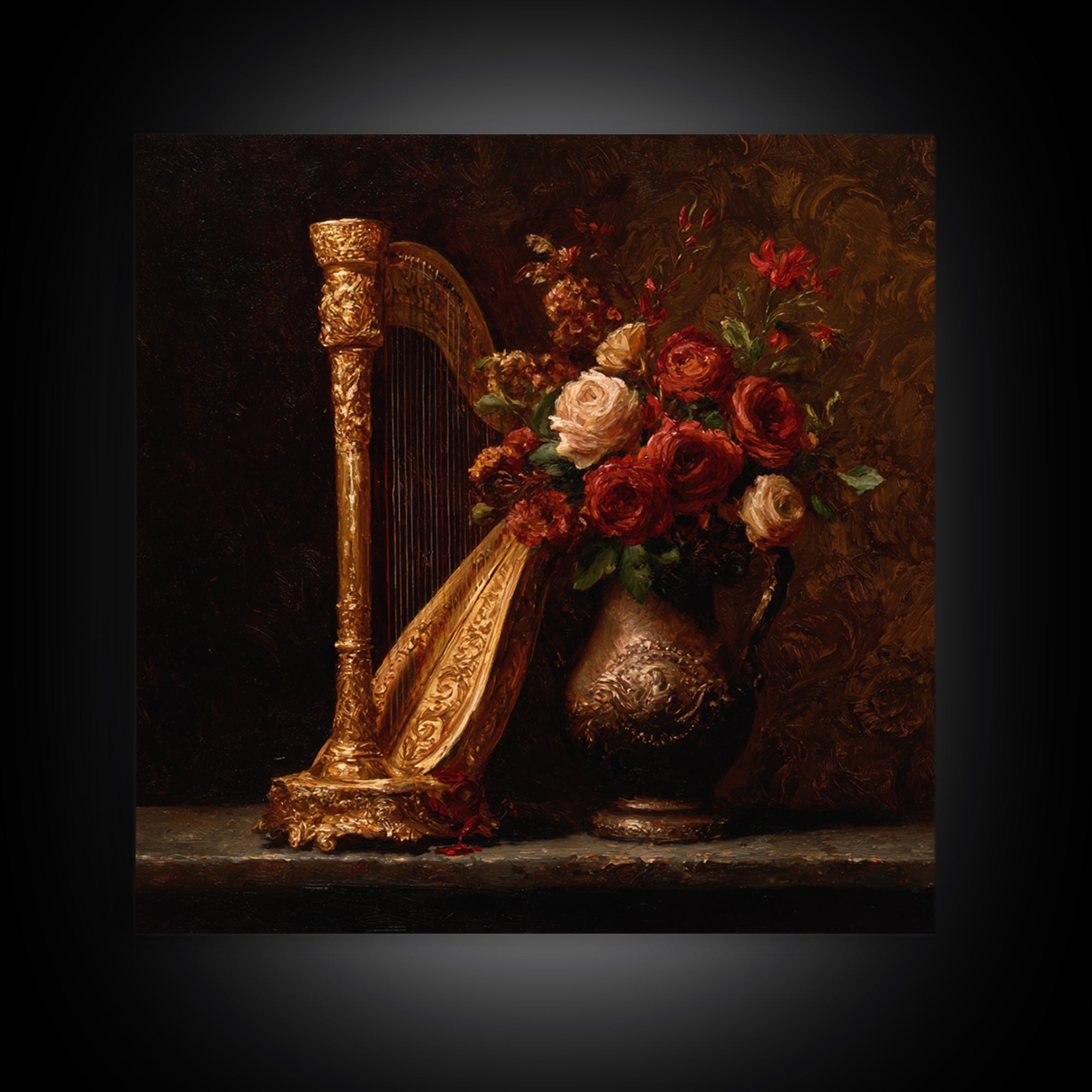 Golden Harp and Roses Canvas Print, Baroque Art, Printable Art, Living Room Decor, Ornate, Gallery Wall, Dark Academia Art, BAO-1x1-18