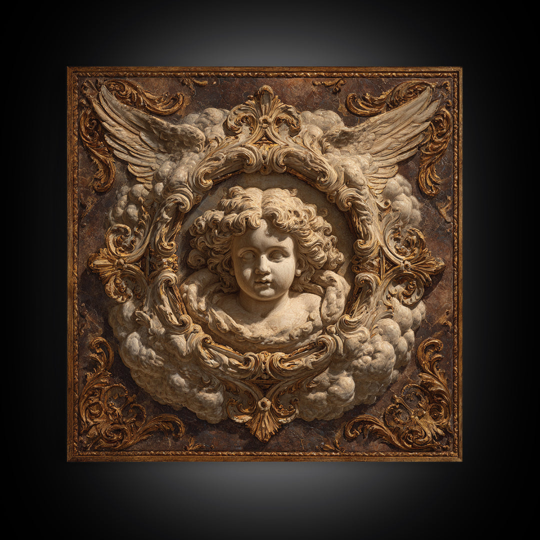 Ornate Cherub Figure Surrounded by Clouds and Framed Canvas Print, Baroque Art, Whimsical Decor, Living Room Decor, Ornate, BAO-1x1-2