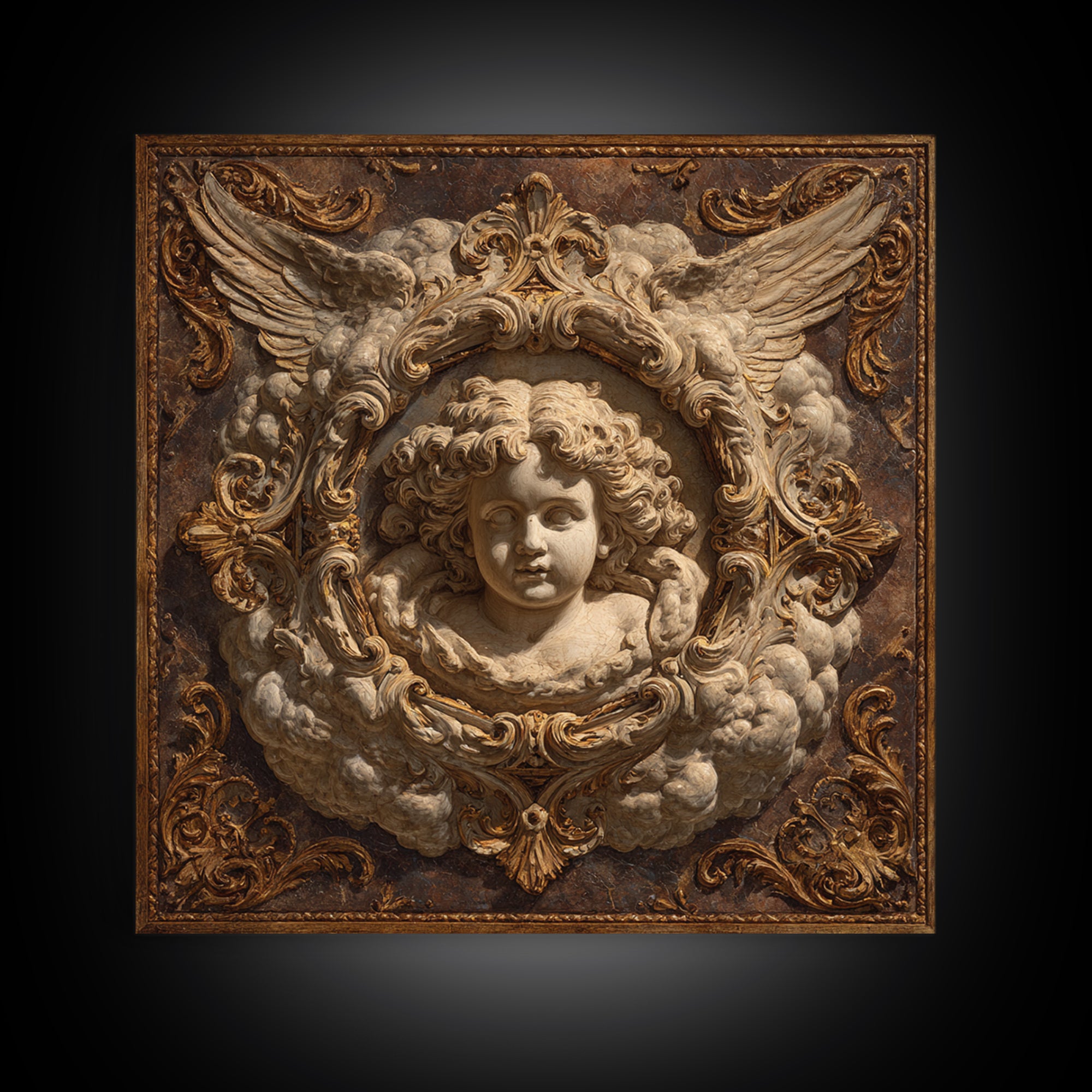 Ornate Cherub Figure Surrounded by Clouds and Framed Canvas Print, Baroque Art, Whimsical Decor, Living Room Decor, Ornate, BAO-1x1-2