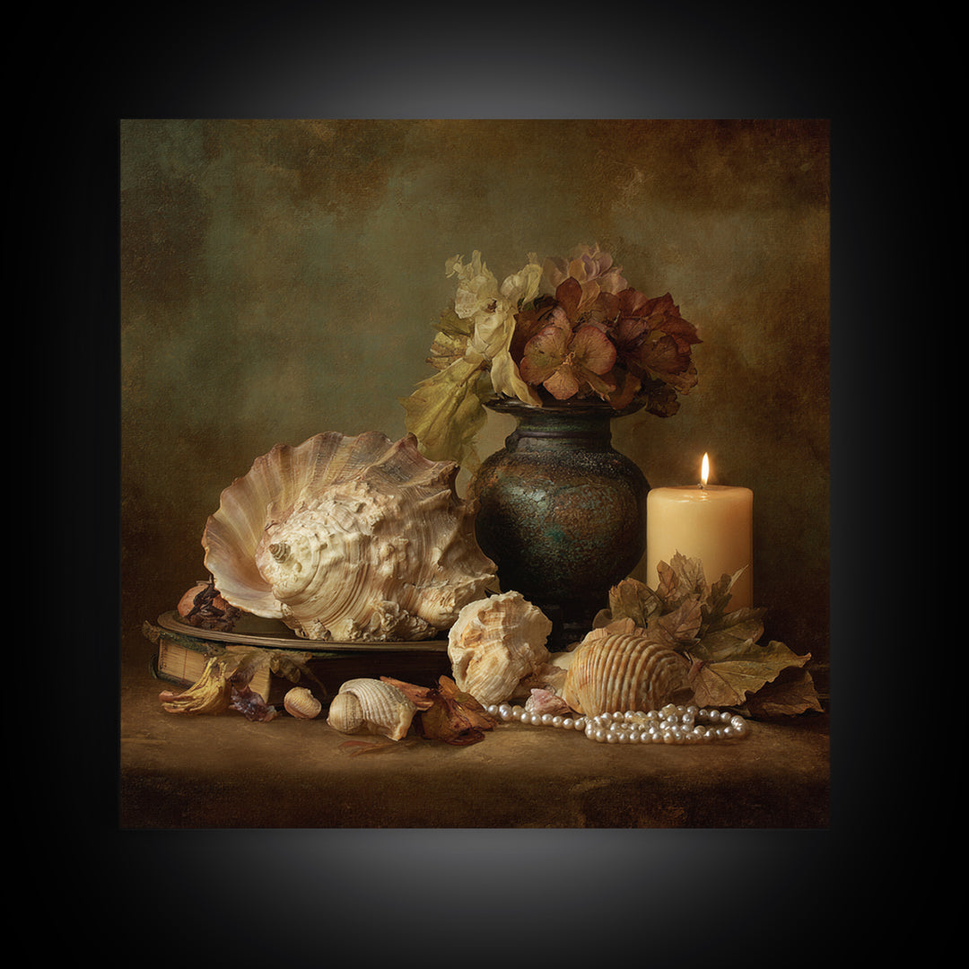 Ornamental Shell and Pearl Composition Canvas Print, Baroque Art, Dark Academia Decor, Living Room Decor, Oil Painting, Ornate, BAO-1x1-22
