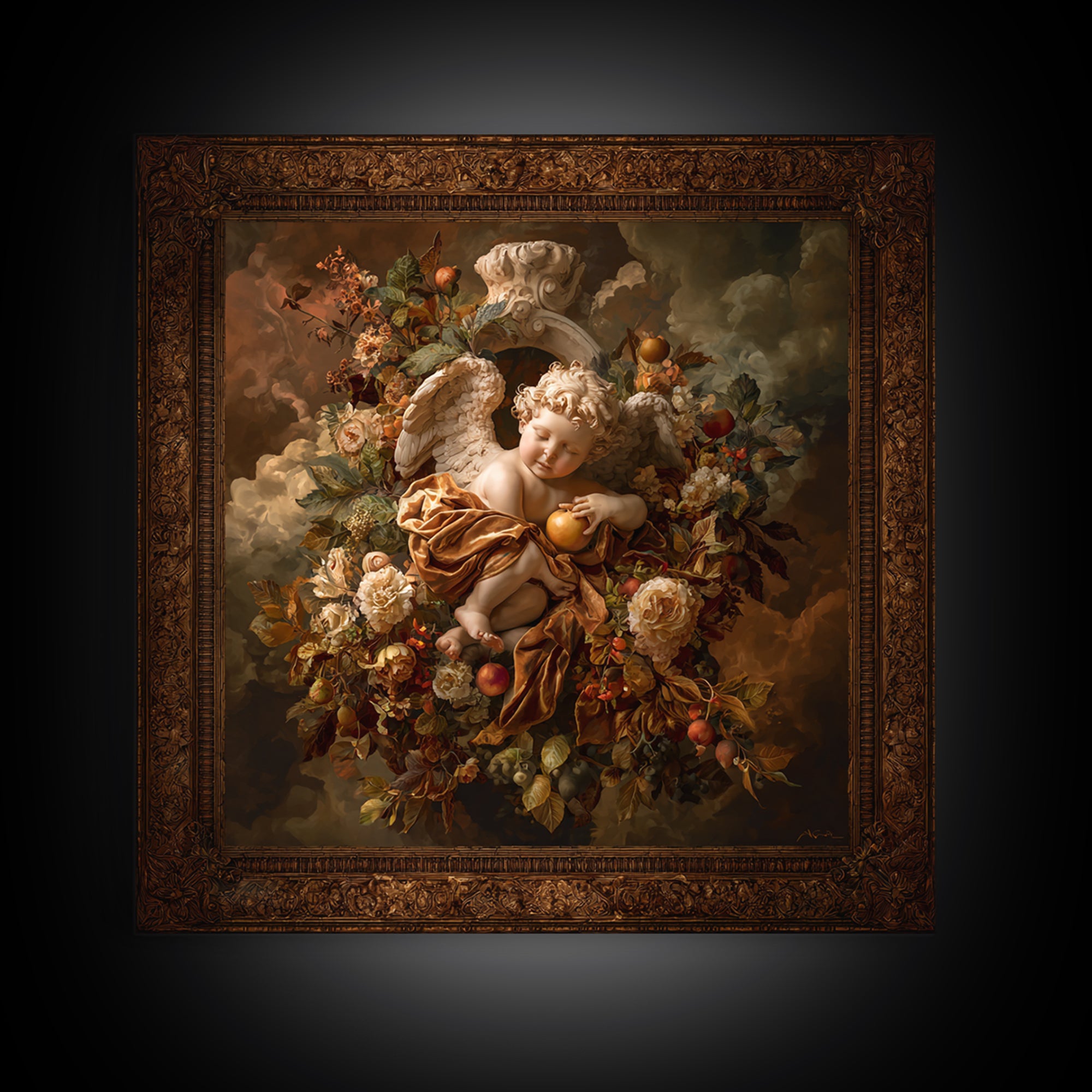 Ornate Cherub Figure Surrounded by Clouds and Canvas Print, Baroque Art, Moody Wall Art, Living Room Decor, Fine Art, Ornate, BAO-1x1-26