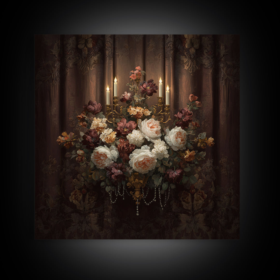 Velvet Drapery with Pearls Flowers and Candlelight Canvas Print, Baroque Art, 3d Wall Art, Living Room Decor, Ornate, BAO-1x1-27