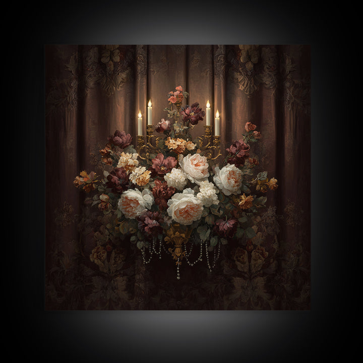 Velvet Drapery with Pearls Flowers and Candlelight Canvas Print, Baroque Art, 3d Wall Art, Living Room Decor, Ornate, BAO-1x1-27