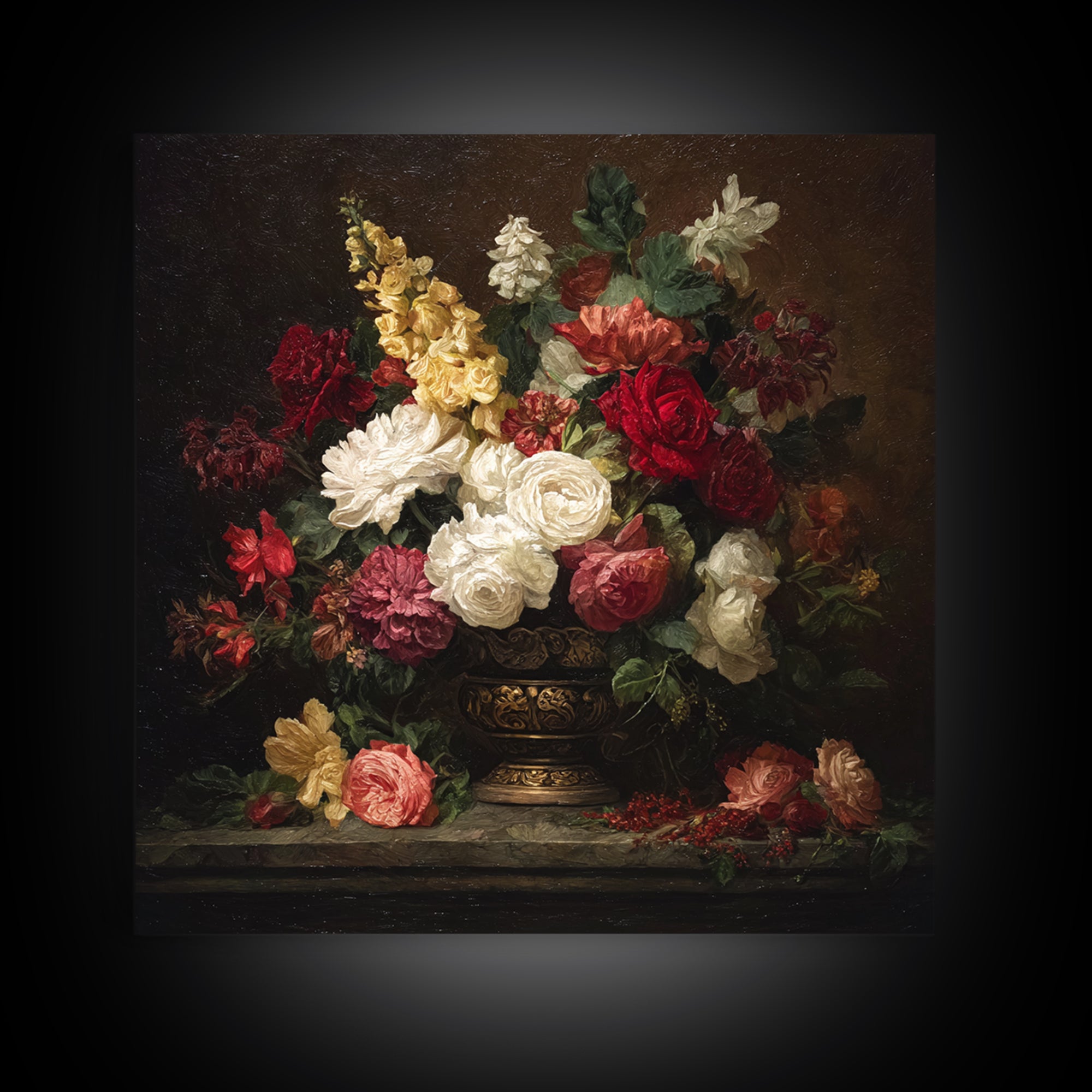 Dark Floral Arrangement Framed Canvas Print, Baroque Art, Oil Painting, Living Room Decor, Fine Art, Ornate, Eclectic Wall Art, BAO-1x1-28