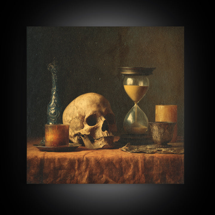 Skull and Hourglass Vanitas Still Life Framed Canvas Print, Baroque Art, Dark Academia Art, Living Room Decor, Fine Art, Ornate, BAO-1x1-29