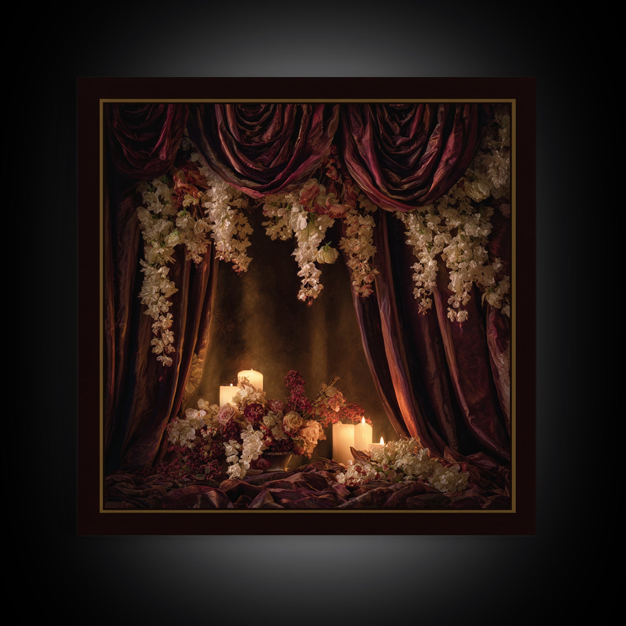 Velvet Drapery with Pearls Flowers and Candlelight Canvas Print, Baroque Art, Canvas, Living Room Decor, Fine Art, Ornate, BAO-1x1-3