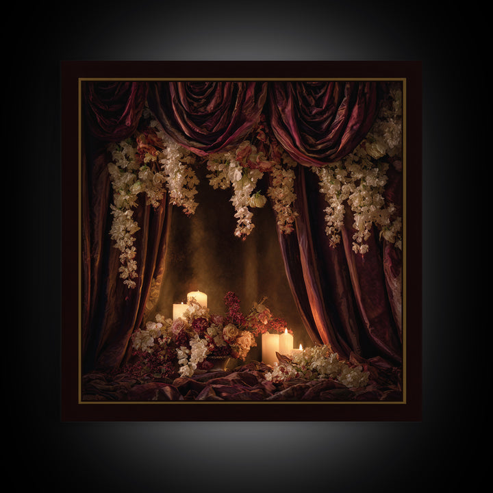 Velvet Drapery with Pearls Flowers and Candlelight Canvas Print, Baroque Art, Canvas, Living Room Decor, Fine Art, Ornate, BAO-1x1-3