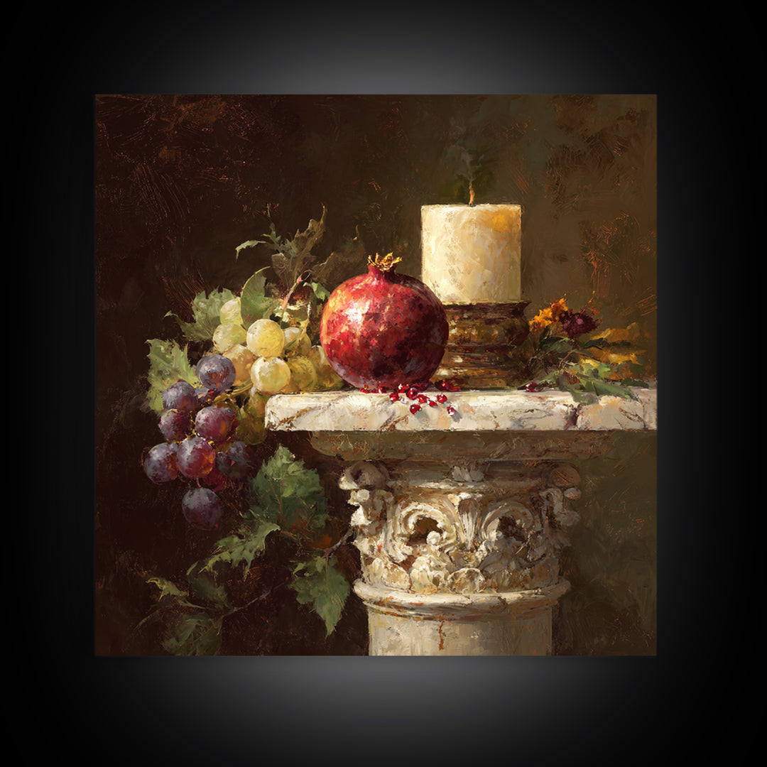 Pomegranate and Grapes on a Marble Ledge Framed Canvas Print, Baroque Art, Home Decor, Living Room Decor, Fine Art, Ornate, BAO-1x1-32
