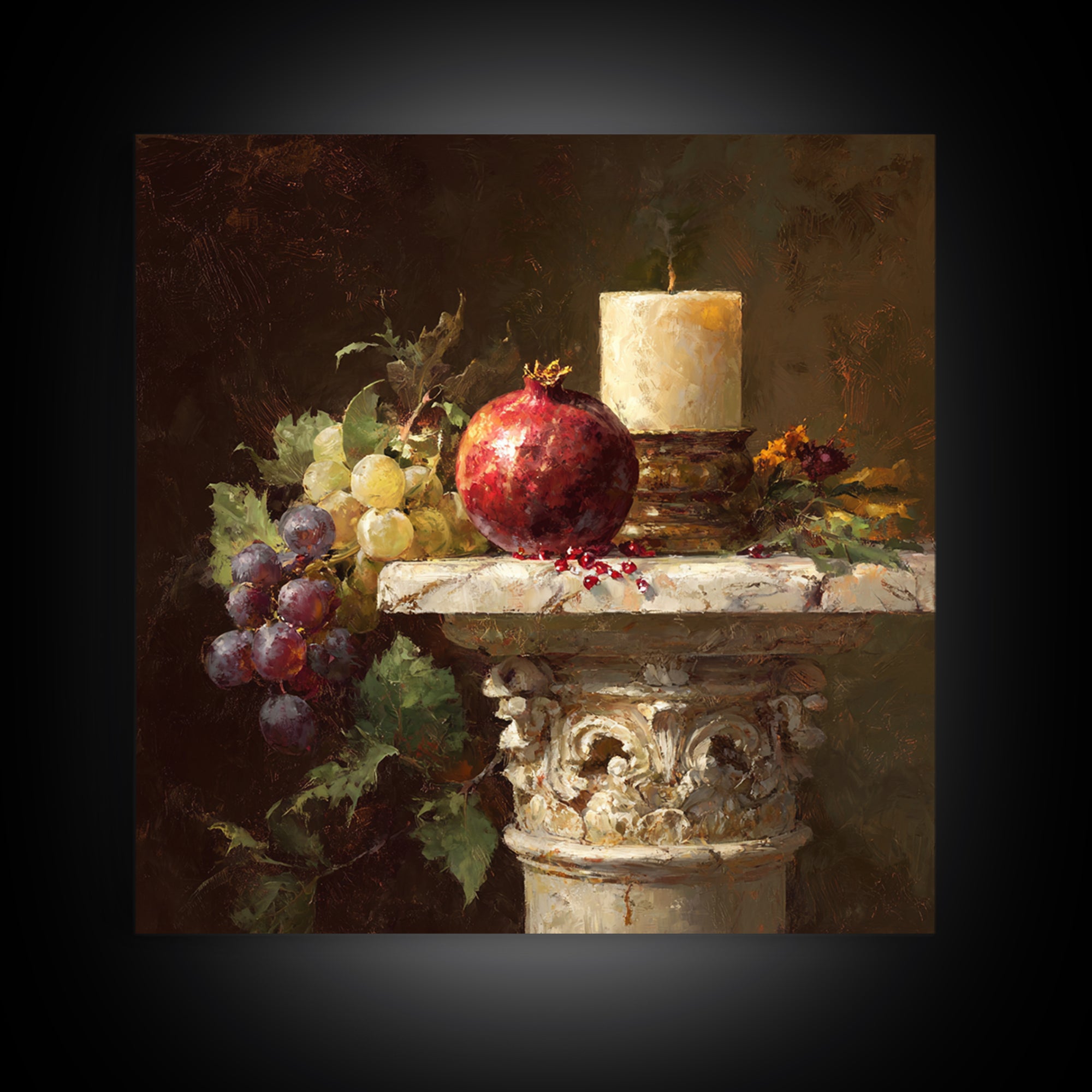 Pomegranate and Grapes on a Marble Ledge Framed Canvas Print, Baroque Art, Home Decor, Living Room Decor, Fine Art, Ornate, BAO-1x1-32