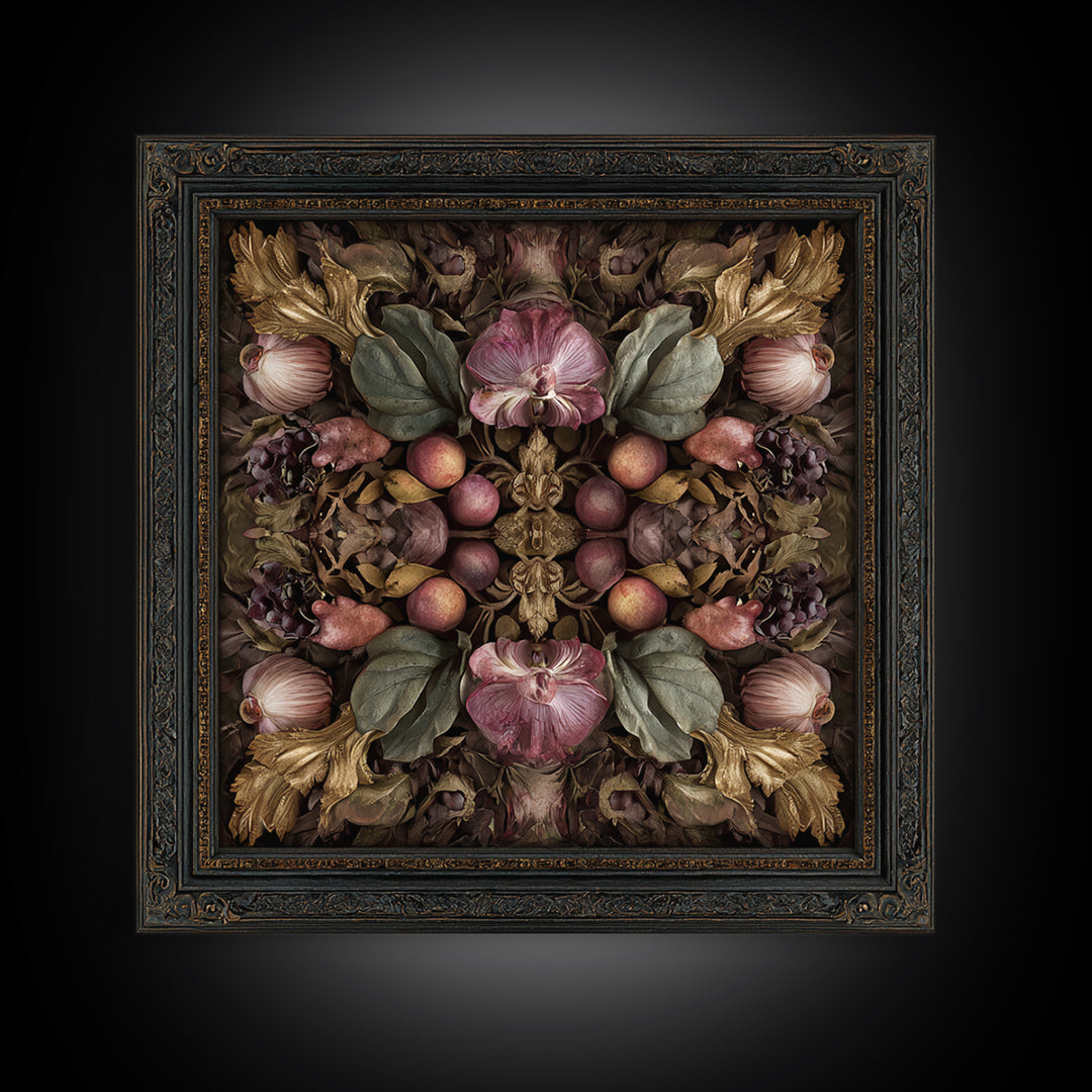 Ornate Gold Frame Illusion Around a Botanical Framed Canvas Print, Baroque Art, Maximalist Decor, Living Room Decor, Ornate, BAO-1x1-33