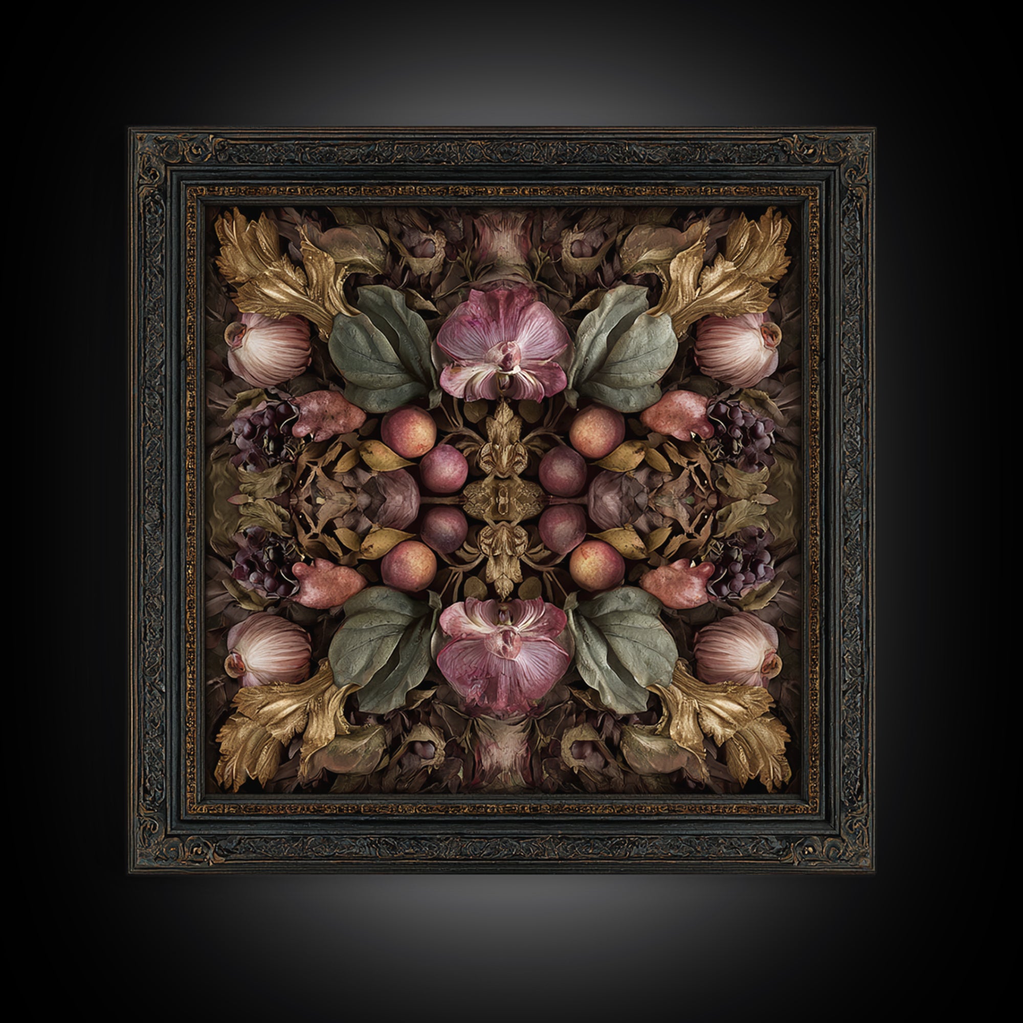 Ornate Gold Frame Illusion Around a Botanical Framed Canvas Print, Baroque Art, Maximalist Decor, Living Room Decor, Ornate, BAO-1x1-33