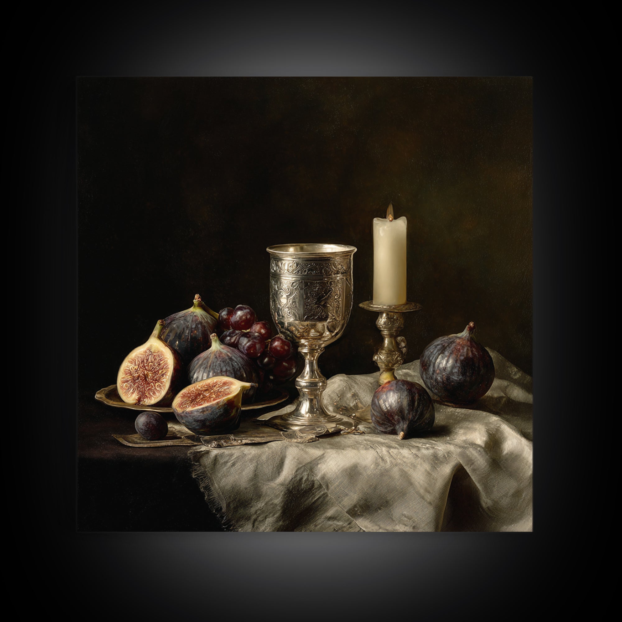 Candlelit Table with Silver Goblet and Figs Canvas Print, Baroque Art, Room Decor Aesthetic, Living Room Decor, Ornate, BAO-1x1-37