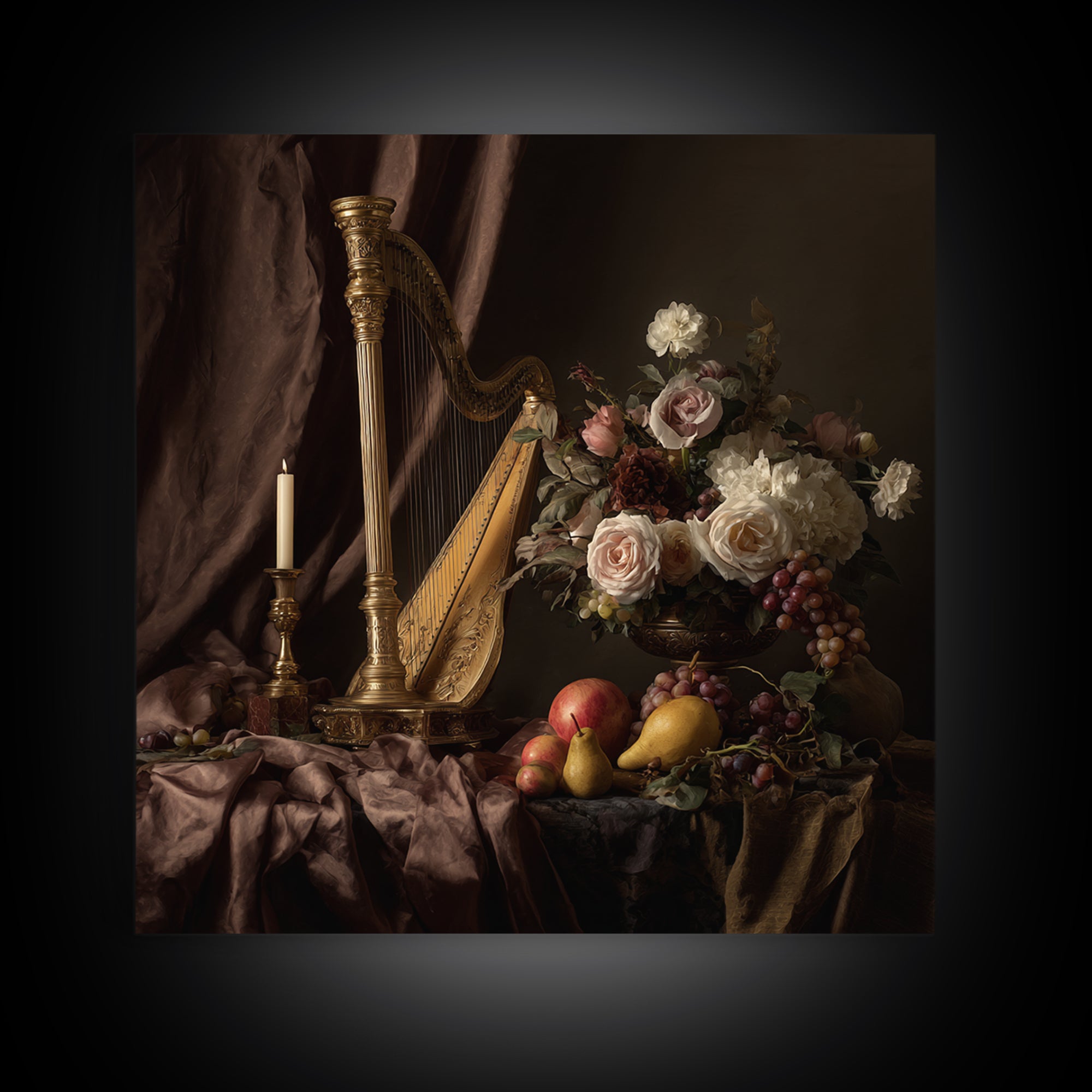 Golden Harp and Roses Framed Canvas Print, Baroque Art, Modern Wall Art, Living Room Decor, Abstract Art, Ornate, Feminist Art, BAO-1x1-42