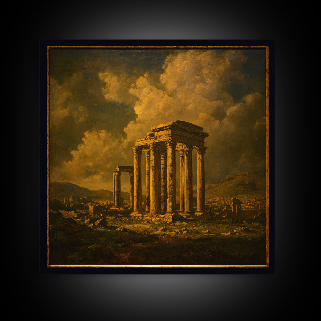 Classical Ruins Beneath a Dramatic Sky Framed Canvas Print, Baroque Art, Living Room Wall Art, Living Room Decor, Oil Painting, BAO-1x1-43