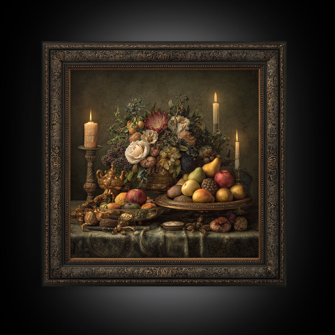 Lavish Banquet Fruit Composition Framed Canvas Print, Baroque Art, Whimsical Decor, Living Room Decor, Fine Art, Ornate, BAO-1x1-44