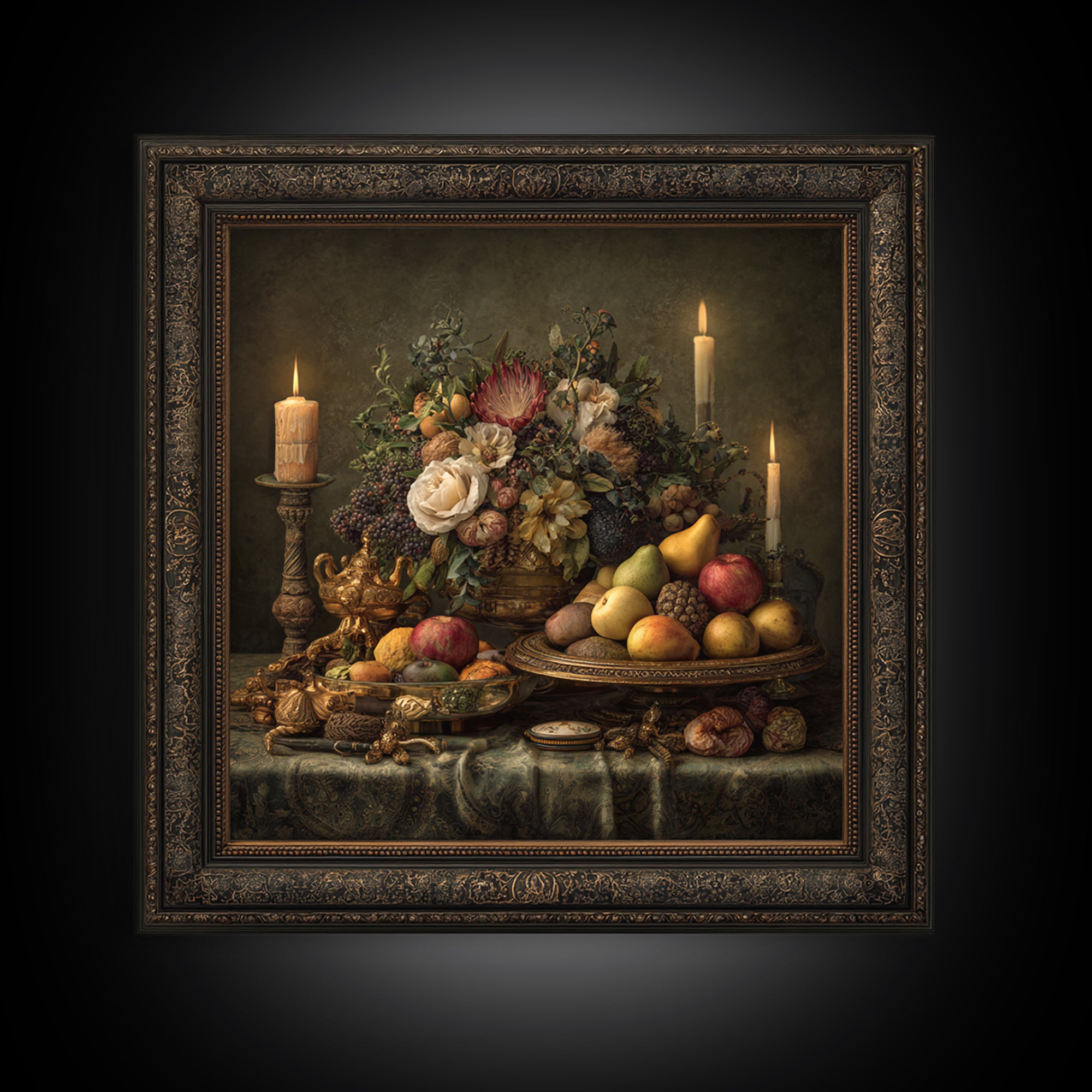 Lavish Banquet Fruit Composition Framed Canvas Print, Baroque Art, Whimsical Decor, Living Room Decor, Fine Art, Ornate, BAO-1x1-44
