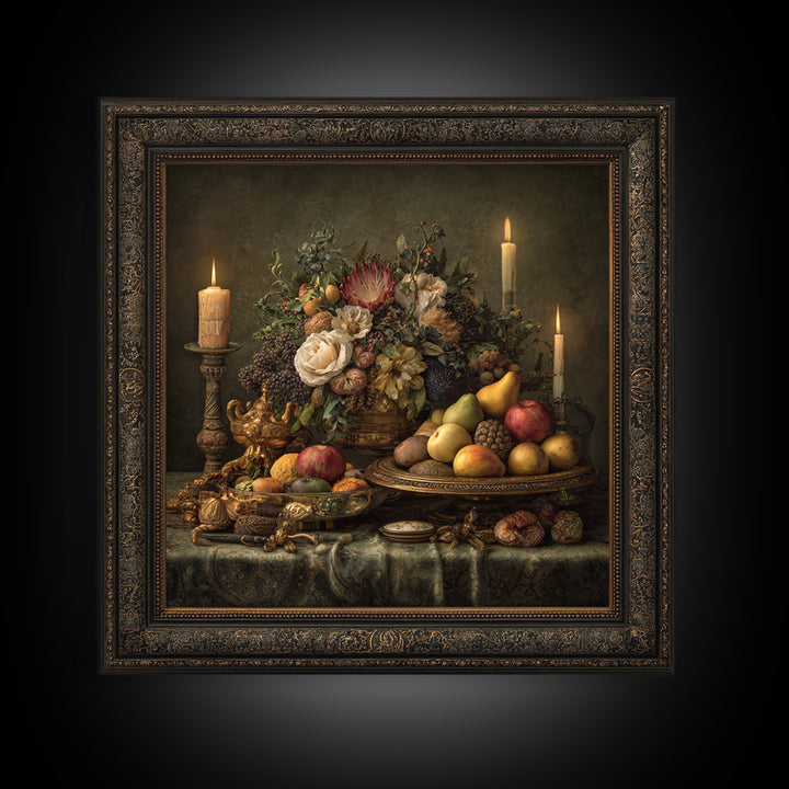 Lavish Banquet Fruit Composition Framed Canvas Print, Baroque Art, Whimsical Decor, Living Room Decor, Fine Art, Ornate, BAO-1x1-44