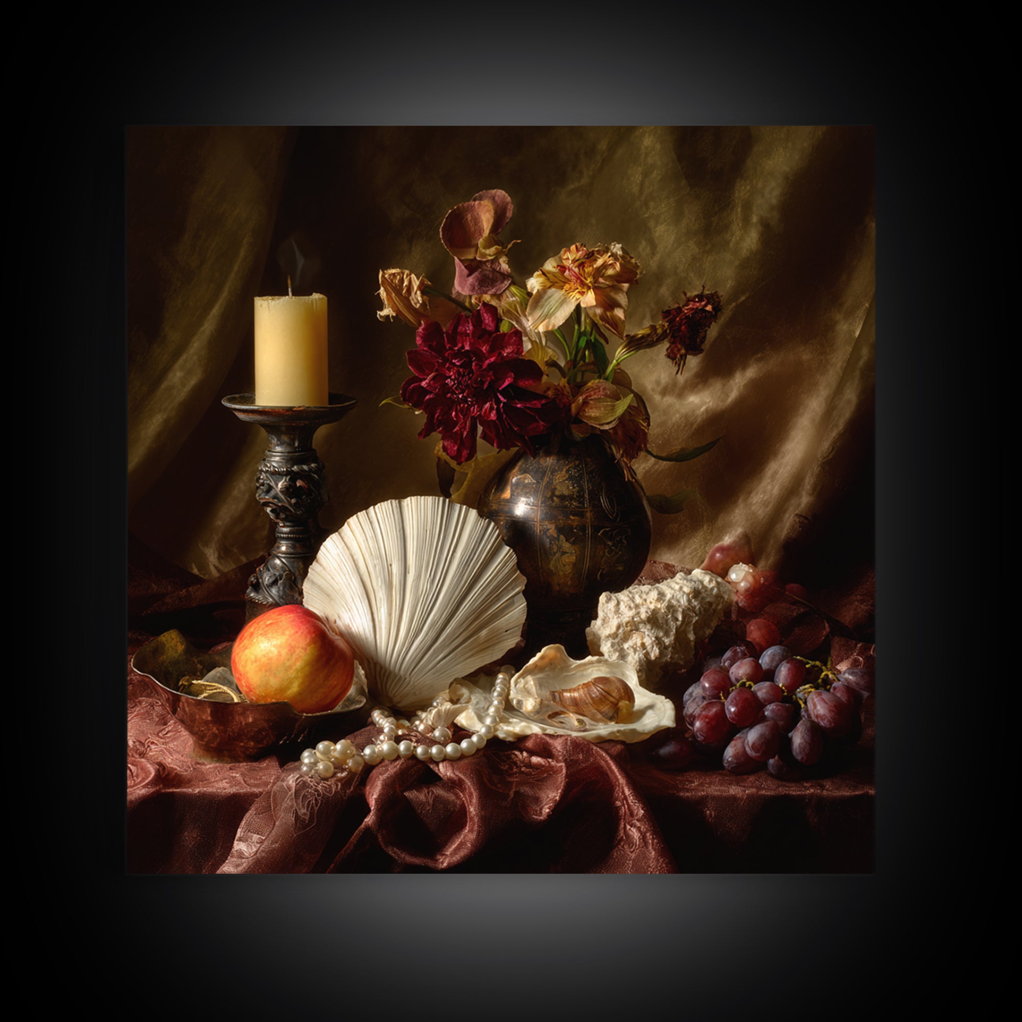 Ornamental Shell and Pearl Composition Framed Canvas Print, Baroque Art, Living Room Wall Art, Living Room Decor, Ornate, BAO-1x1-46