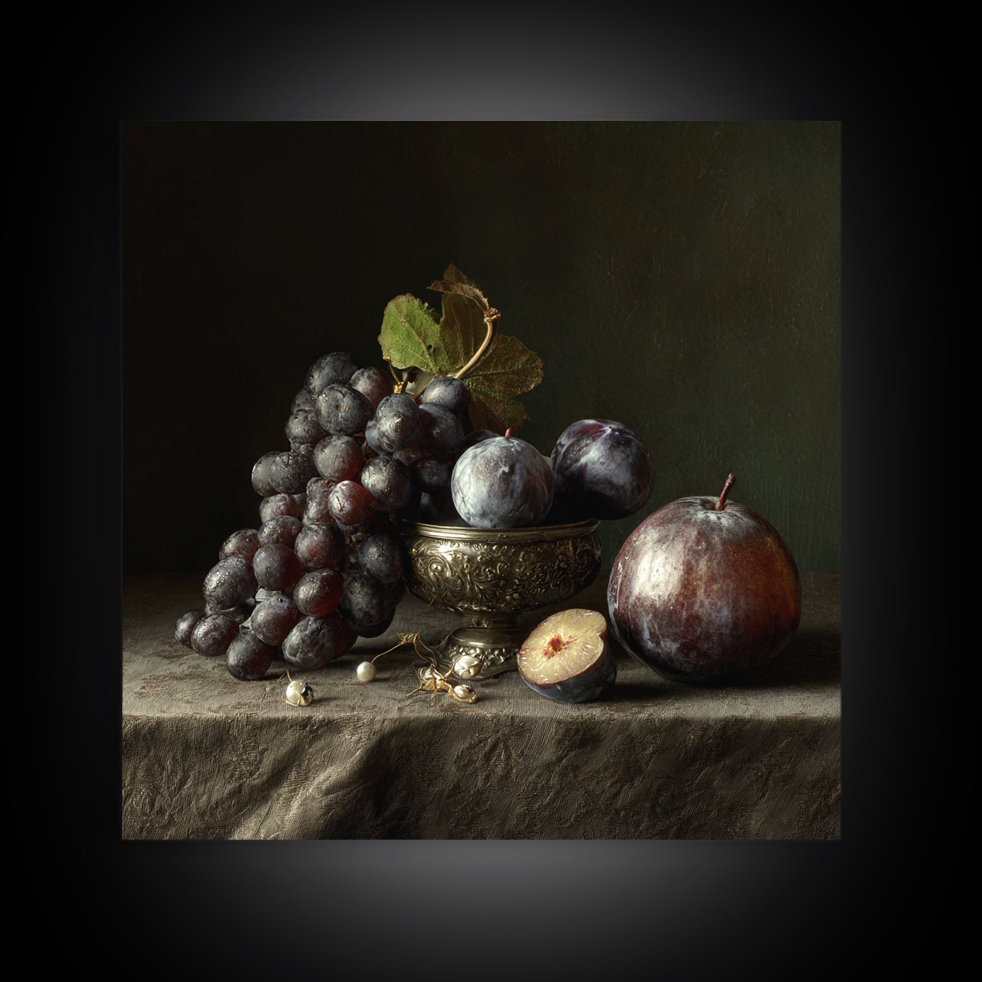 Dramatic Fruit Still Life Canvas Print, Baroque Art, Gallery Wall, Living Room Decor, Fine Art, Ornate, Neutral Decor, BAO-1x1-49
