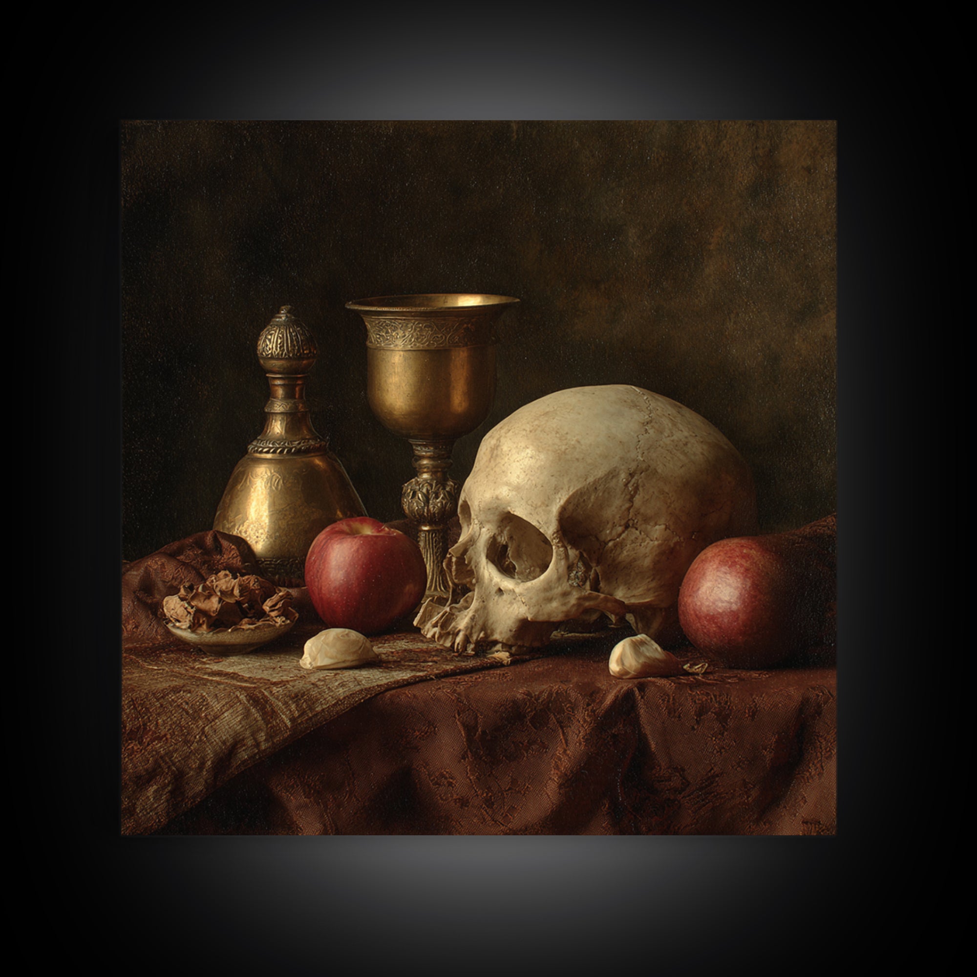Skull and Hourglass Vanitas Still Life Canvas Print, Baroque Art, Moody Wall Art, Living Room Decor, Fine Art, Ornate, BAO-1x1-5