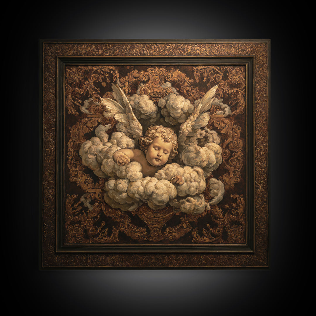 Ornate Cherub Figure Surrounded by Clouds and Canvas Print, Baroque Art, Moody Wall Art, Living Room Decor, Fine Art, Ornate, BAO-1x1-50