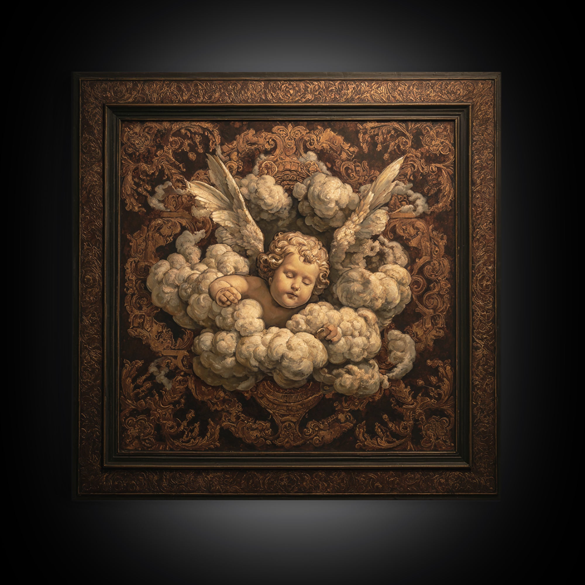 Ornate Cherub Figure Surrounded by Clouds and Canvas Print, Baroque Art, Moody Wall Art, Living Room Decor, Fine Art, Ornate, BAO-1x1-50