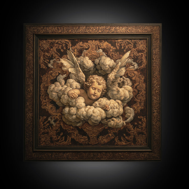 Ornate Cherub Figure Surrounded by Clouds and Canvas Print, Baroque Art, Moody Wall Art, Living Room Decor, Fine Art, Ornate, BAO-1x1-50