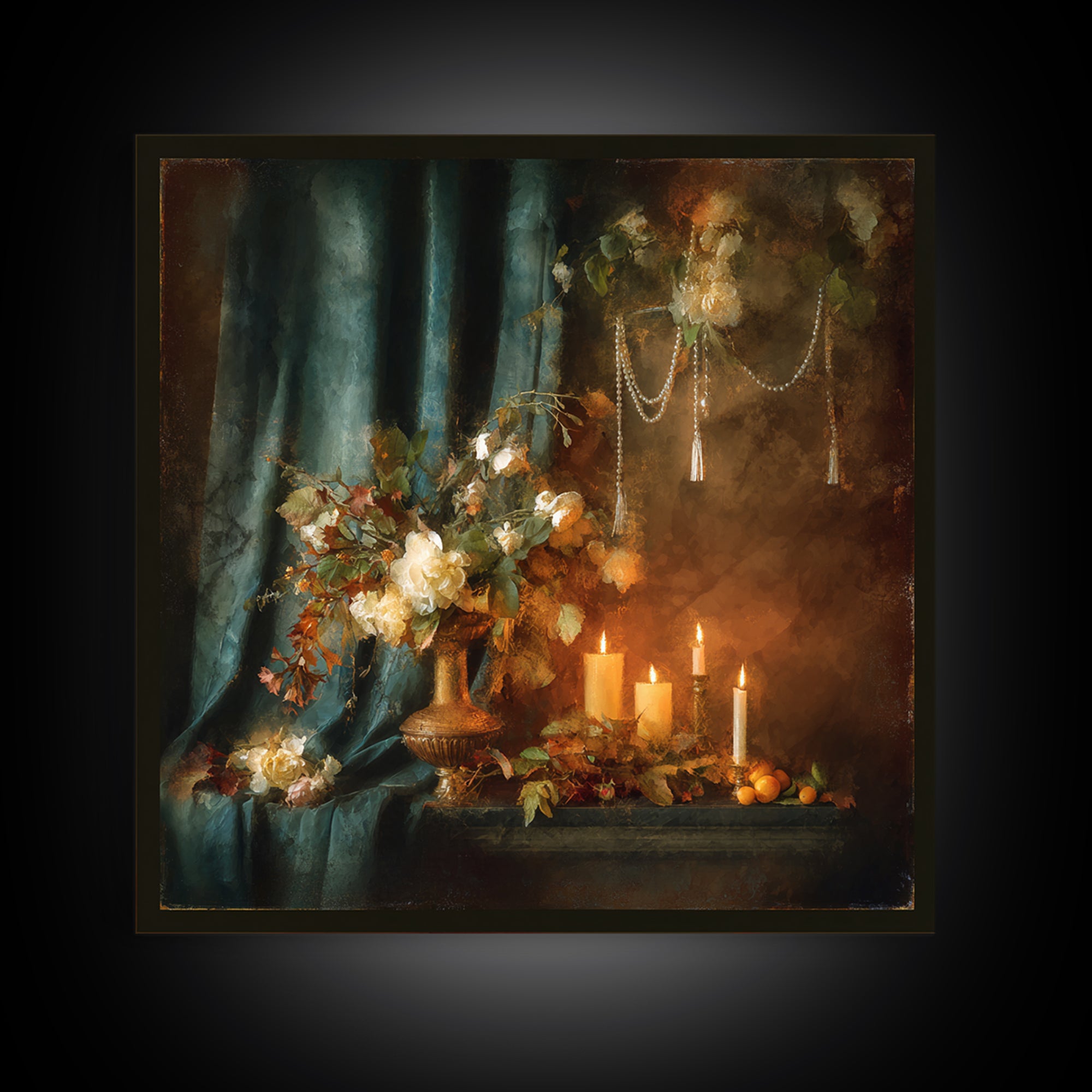Velvet Drapery with Pearls Flowers and Candlelight Canvas Print, Baroque Art, Maximalist Decor, Living Room Decor, Ornate, BAO-1x1-51