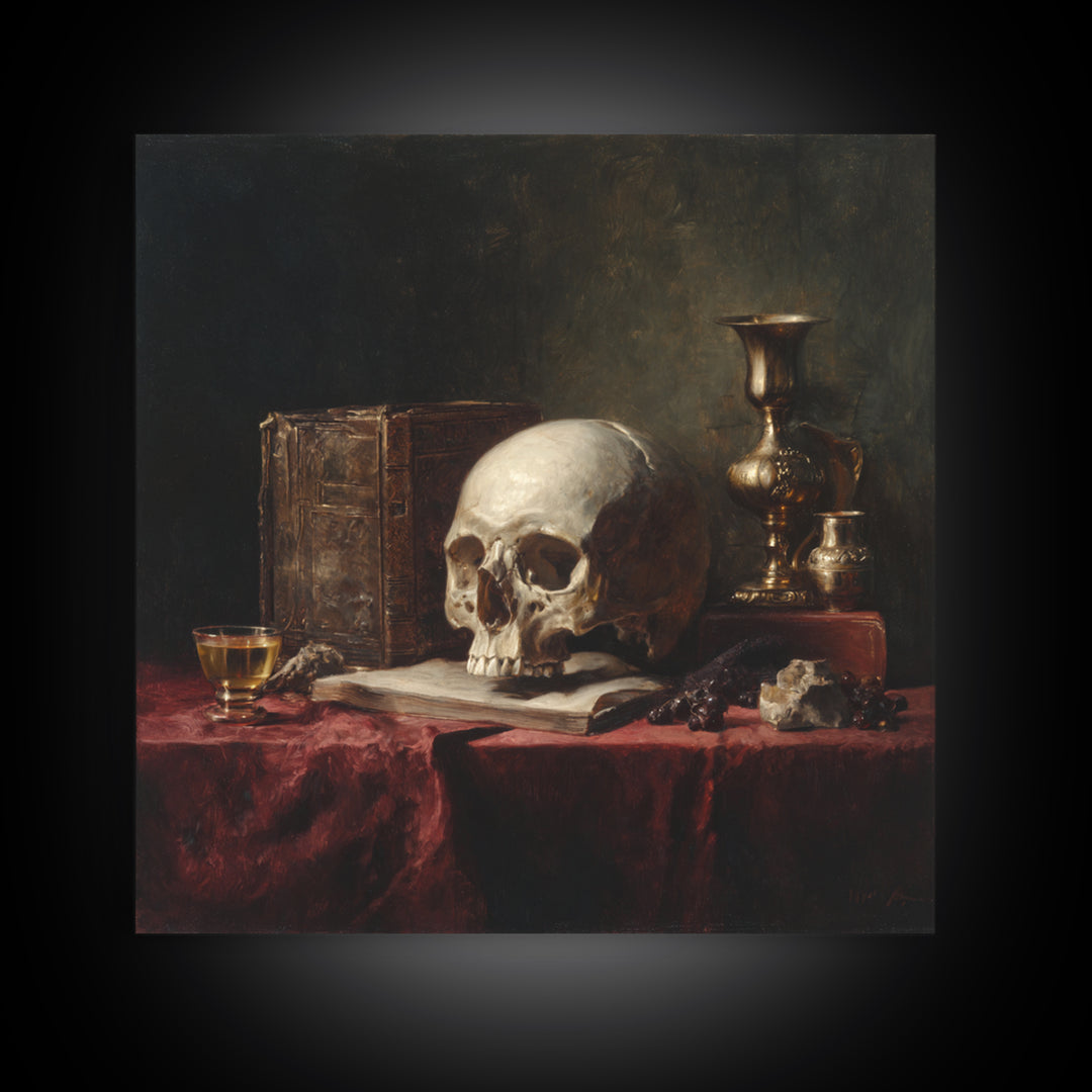 Skull and Hourglass Vanitas Still Life Framed Canvas Print, Baroque Art, Dark Academia Art, Living Room Decor, Fine Art, Ornate, BAO-1x1-53