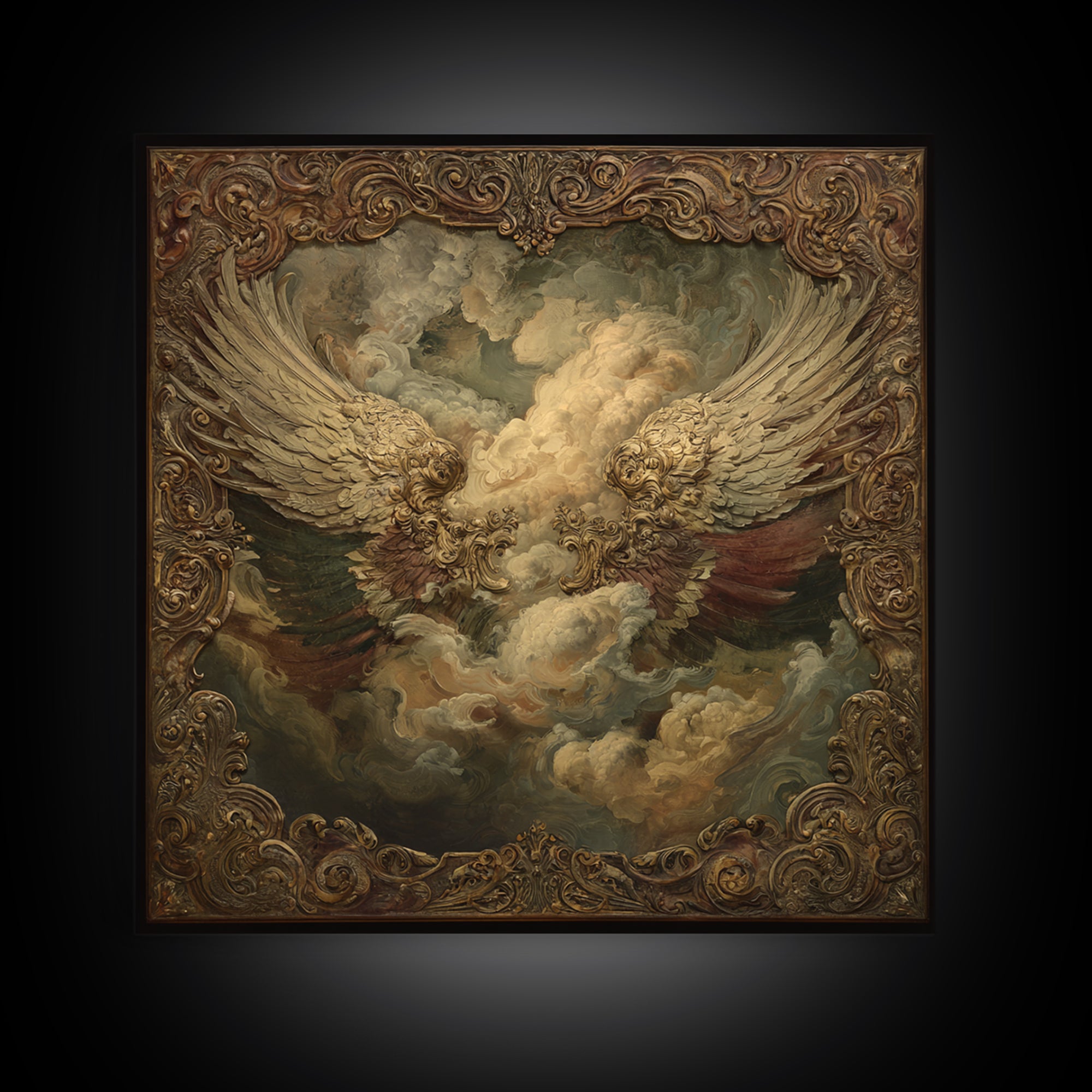 Gilded Angel Wings Emerging from Storm Clouds Canvas Print, Baroque Art, Minimalist Wall Art, Living Room Decor, Oil Painting, BAO-1x1-54