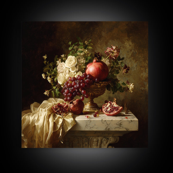 Pomegranate and Grapes on a Marble Ledge Framed Canvas Print, Baroque Art, Digital Wall Art, Living Room Decor, Ornate, BAO-1x1-56