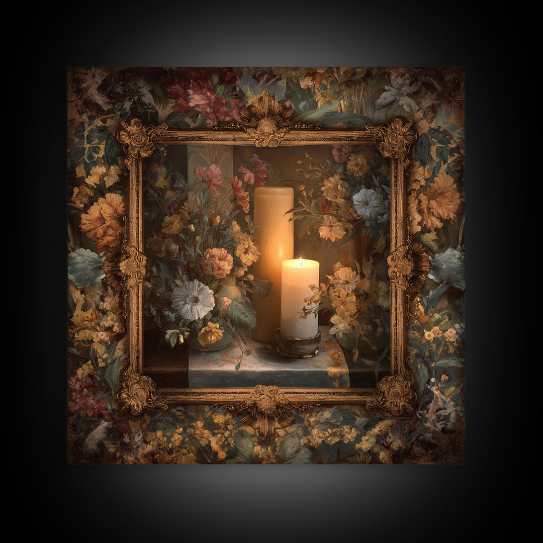 Ornate Gold Frame Illusion Around a Botanical Framed Canvas Print, Baroque Art, Maximalist Decor, Living Room Decor, Ornate, BAO-1x1-57