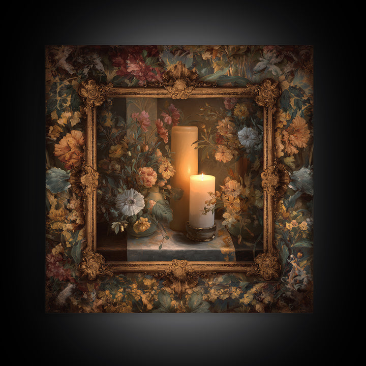 Ornate Gold Frame Illusion Around a Botanical Framed Canvas Print, Baroque Art, Maximalist Decor, Living Room Decor, Ornate, BAO-1x1-57